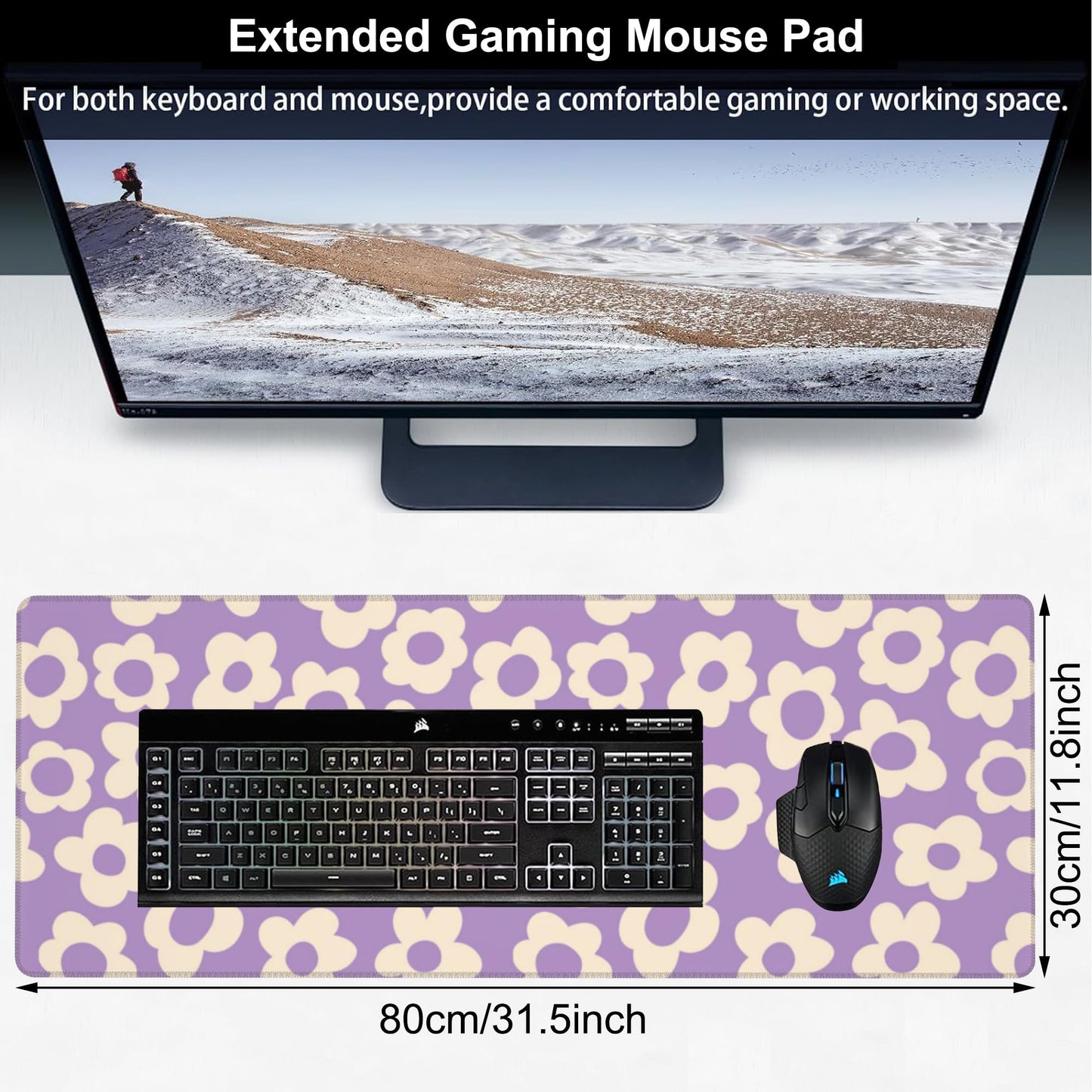 Purple Groovy Flowers Desk Mat,Large Vintage Floral Gaming Keyboard Mouse Pad,Non-Slip Rubber Base