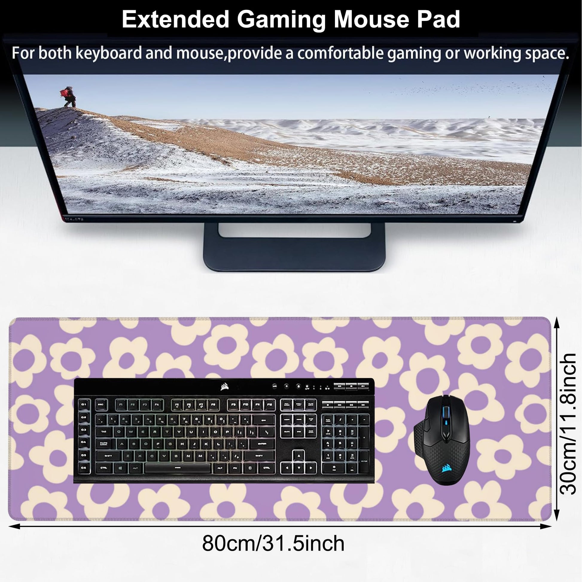 Purple Groovy Flowers Desk Mat,Large Vintage Floral Gaming Keyboard Mouse Pad,Non-Slip Rubber Base