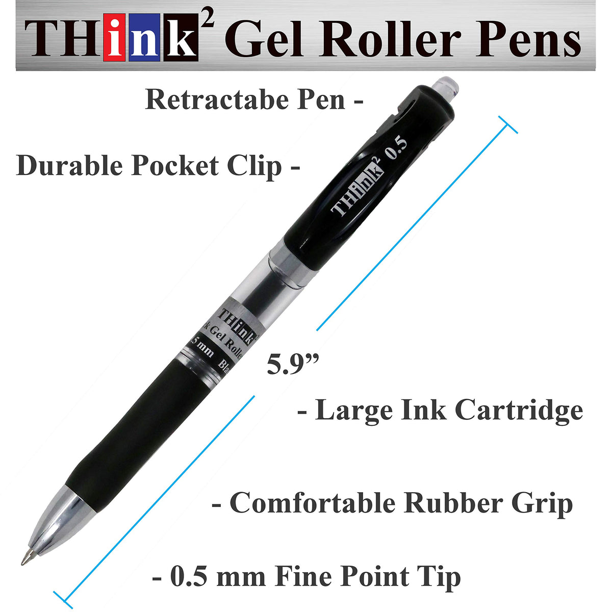 [24 Pens - 3 Colors] Think2 Retractable Gel Pens. (18 Black, 3 Red, 3 Blue) Fine Point (0.5mm)