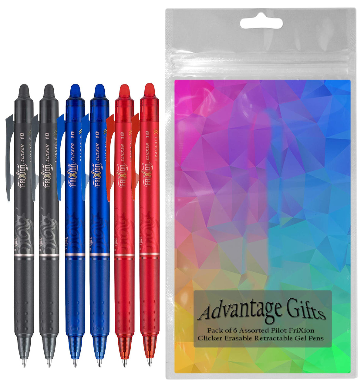 Clicker Retractable Erasable Gel Pen, Black/Blue/Red Bold Point, 6-pk;