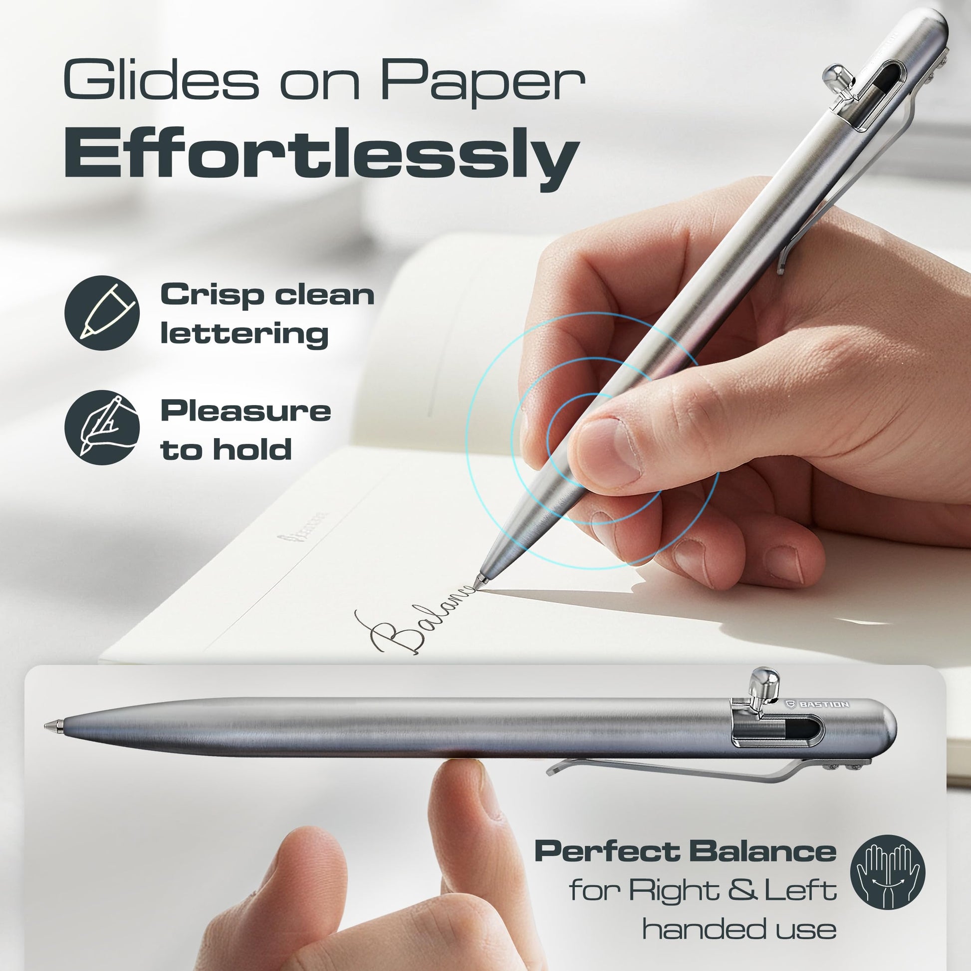 BASTION Bolt Action Pen, Titanium Silver Slim, HyperBolt & ZeroSeam EDC Pen, Refillable Titanium