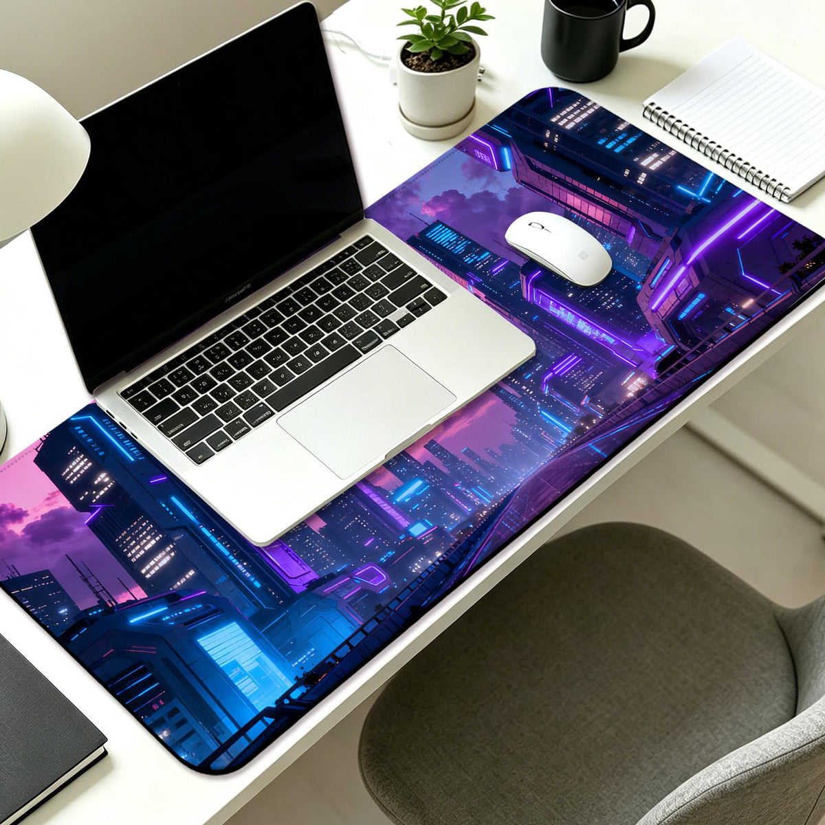 JIANG100 Cyberpunk City Scene Gaming Desk Mat, Extended Mouse Pad, Purple