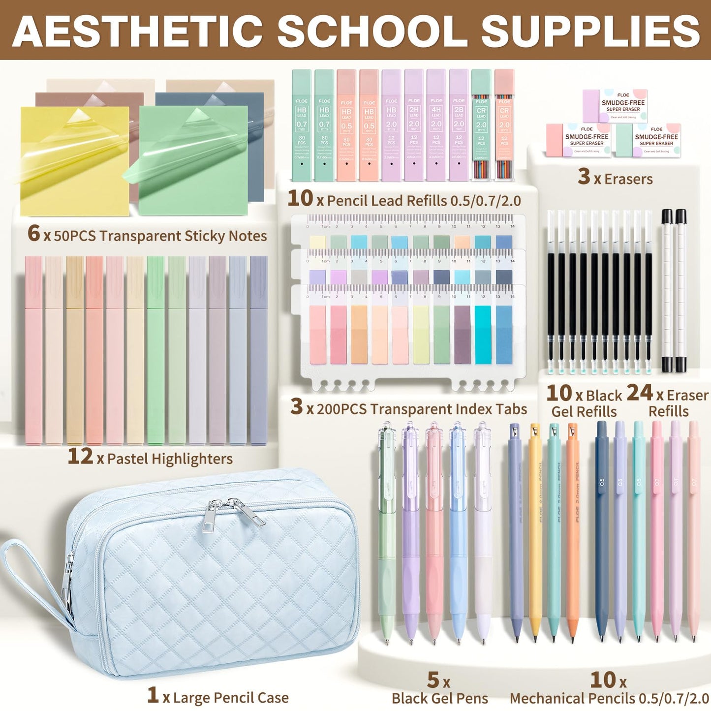 62PCS Aesthetic Back to School Supplies w/ Cute Pencil Case Stationary Set
