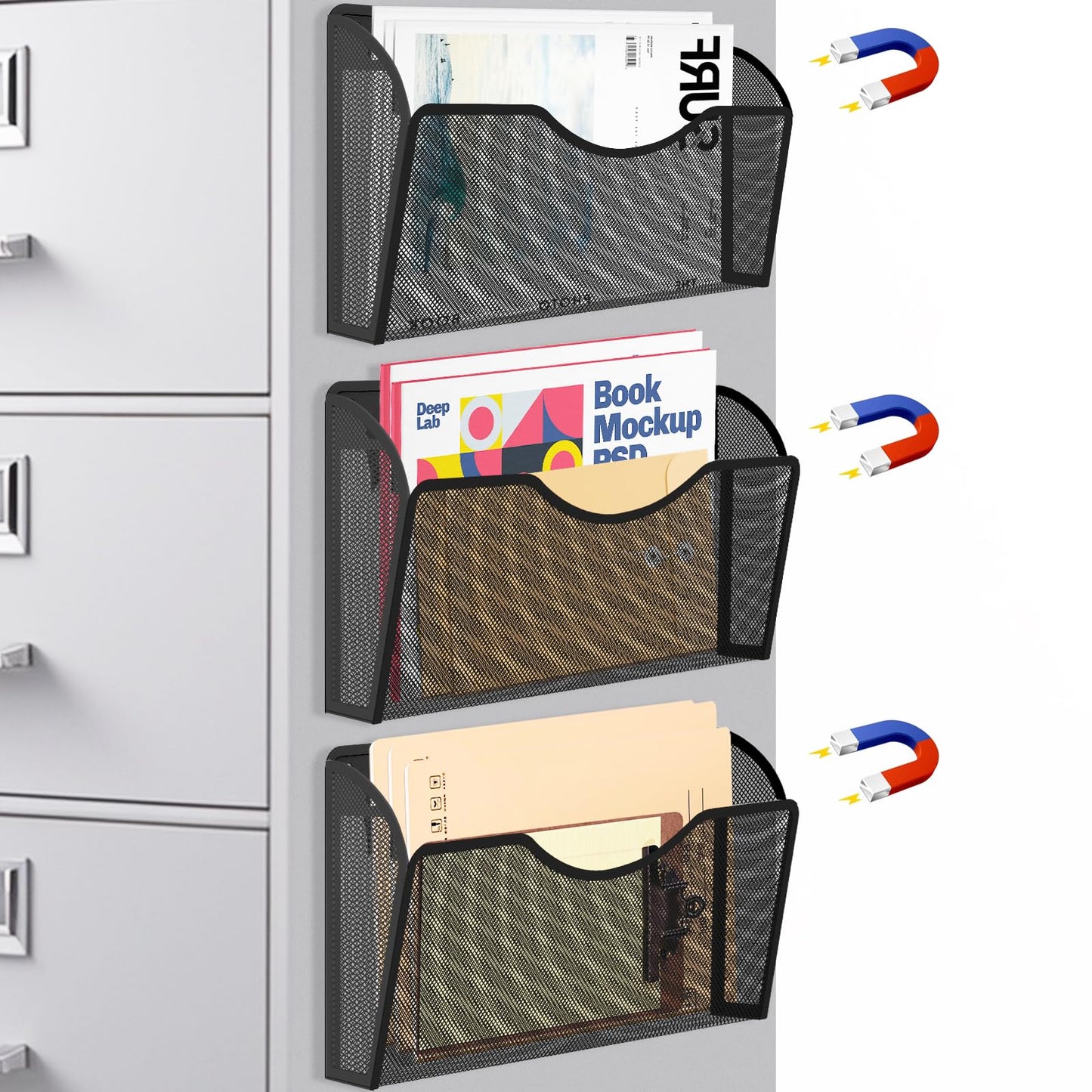 Magnetic File Holder 3 Pockets File Folder Organizer, Office Hanging Magazine Rack for File