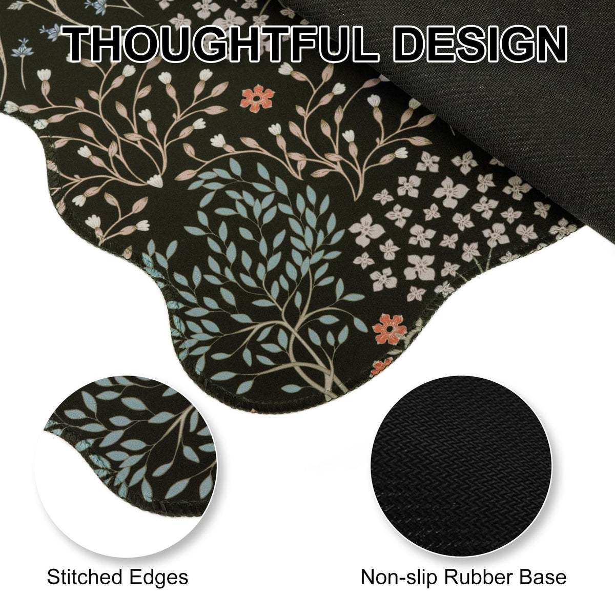 L-SPOUTTO Black Mouse Pad,Scalloped Desk Mat XXL Botanical Gaming Mousepad