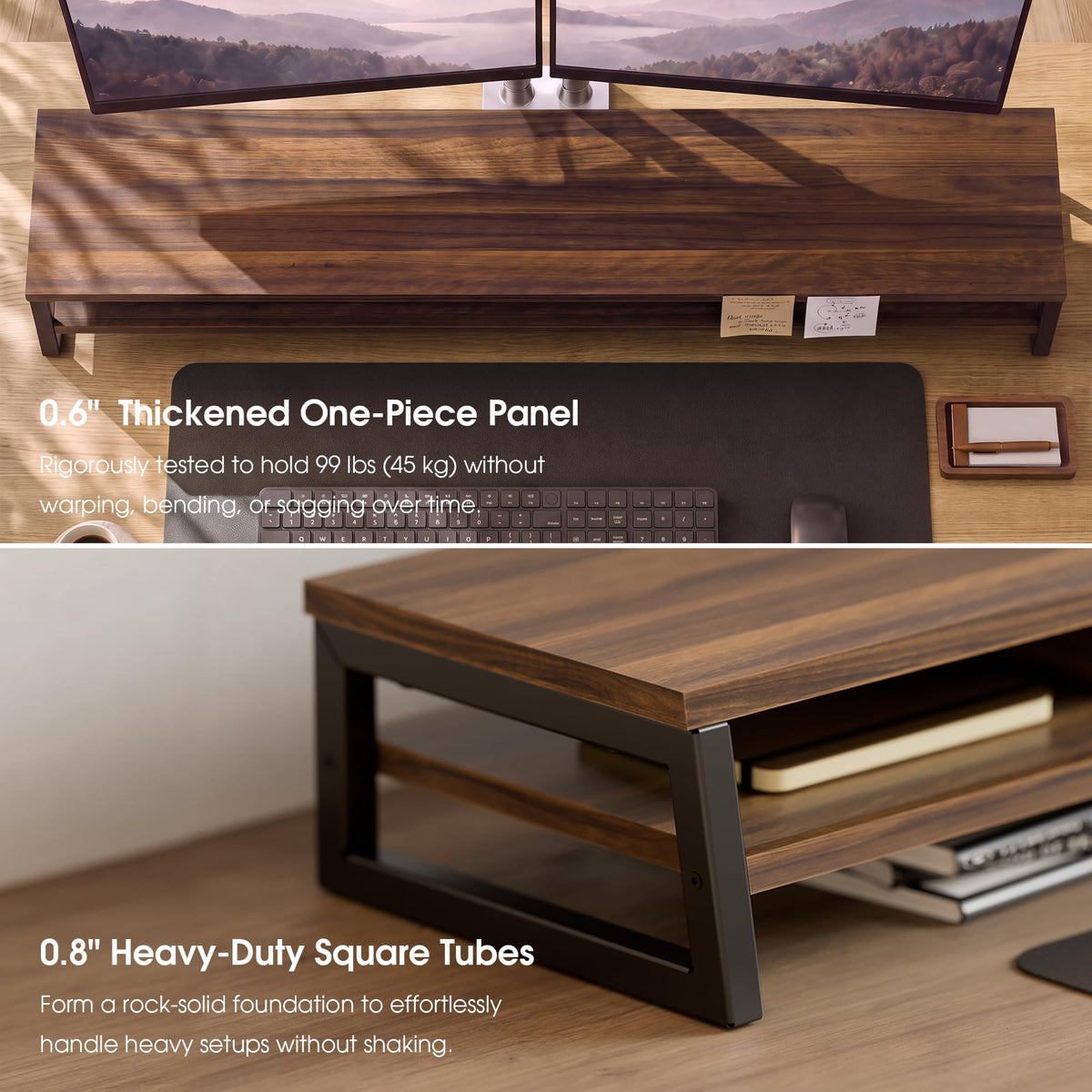 Fenge Dual Monitor Riser for Desk, Open Shelf with 3 Storage Compartments