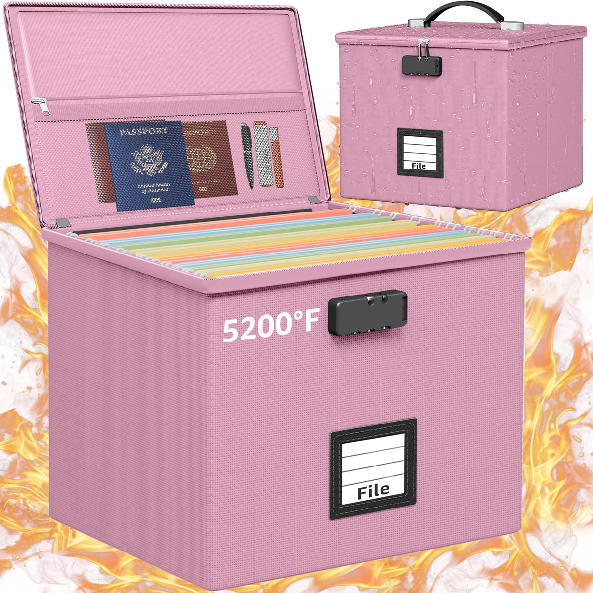 Pink Fire Proof File Box for Documents - Portable Fireproof Document Organizer Box with Handle