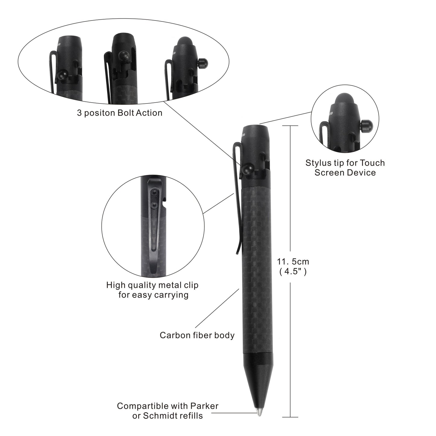 Cool Hand 4.9'' Carbon Fiber Bolt Action Pen Stylus for Touch Screen