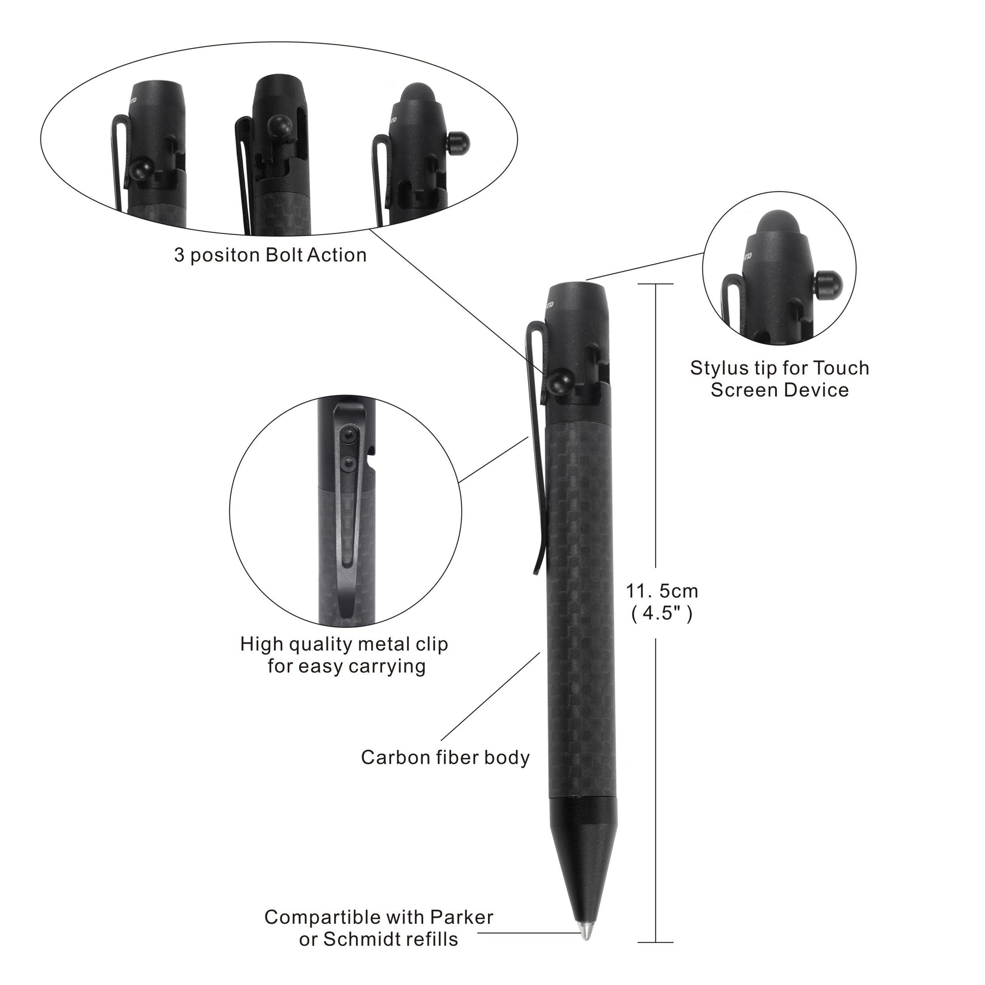 Cool Hand 4.9'' Carbon Fiber Bolt Action Pen Stylus for Touch Screen