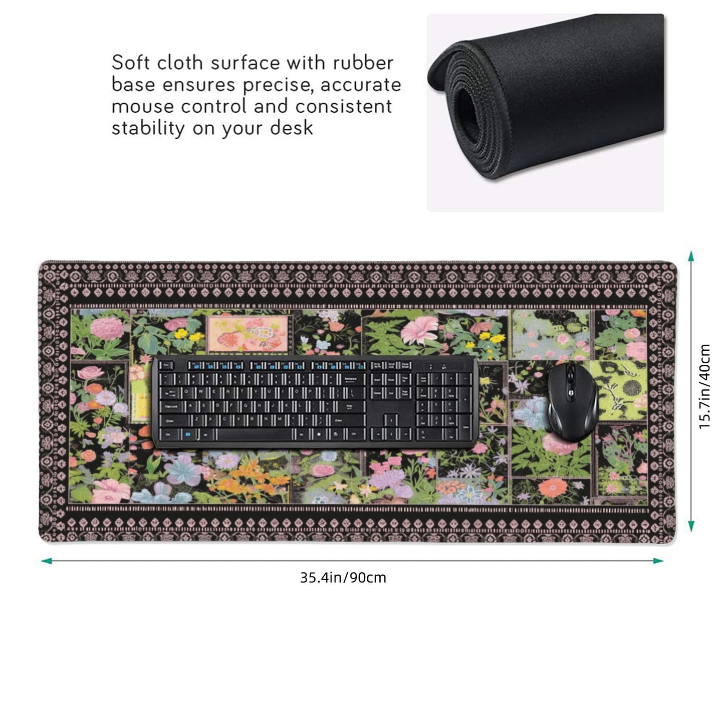 Floral XXL Large Mouse Pad - Anti-Slip Desk Mat with Stitched Edges for Women, Office & Home, Cute