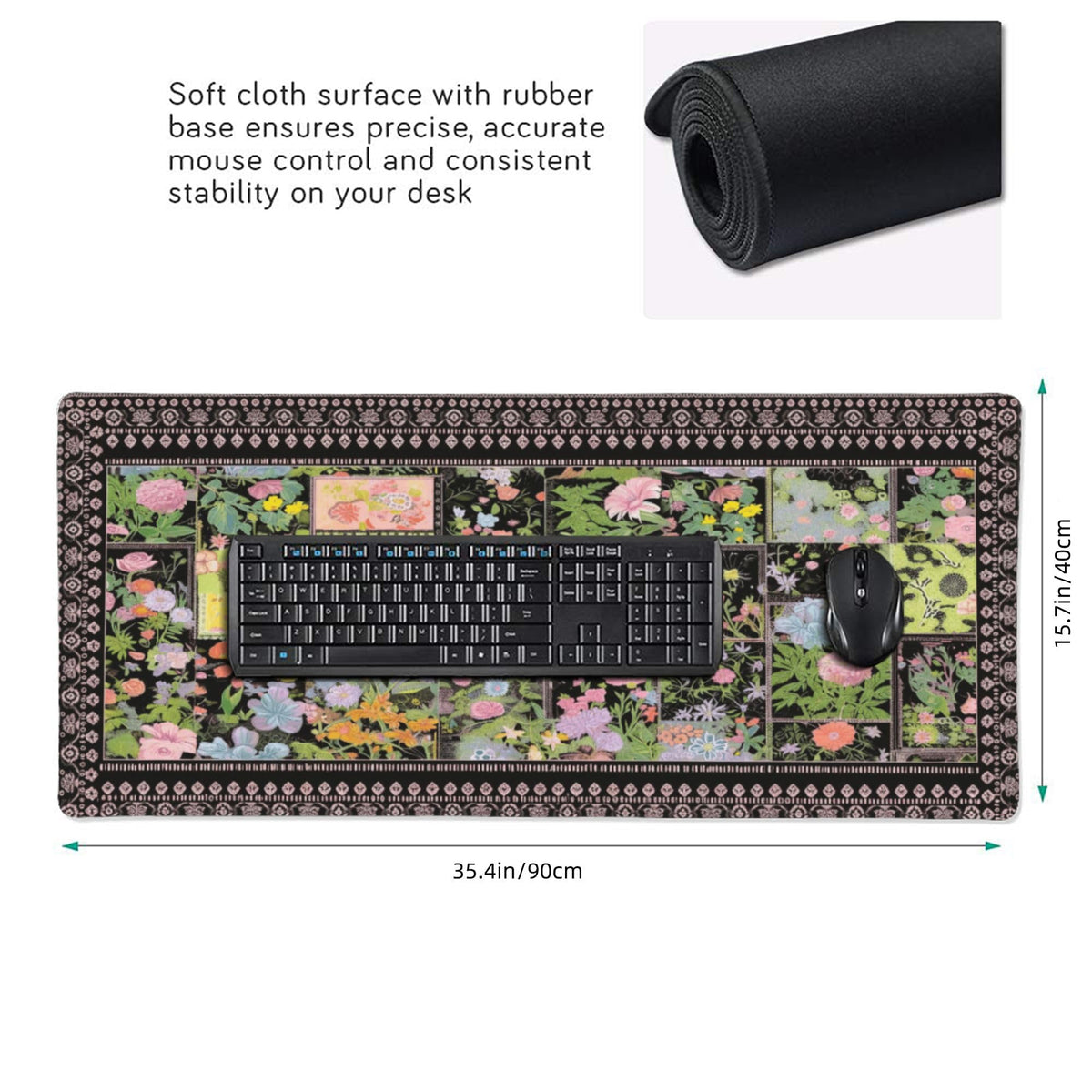 Floral XXL Large Mouse Pad - Anti-Slip Desk Mat with Stitched Edges for Women, Office & Home, Cute