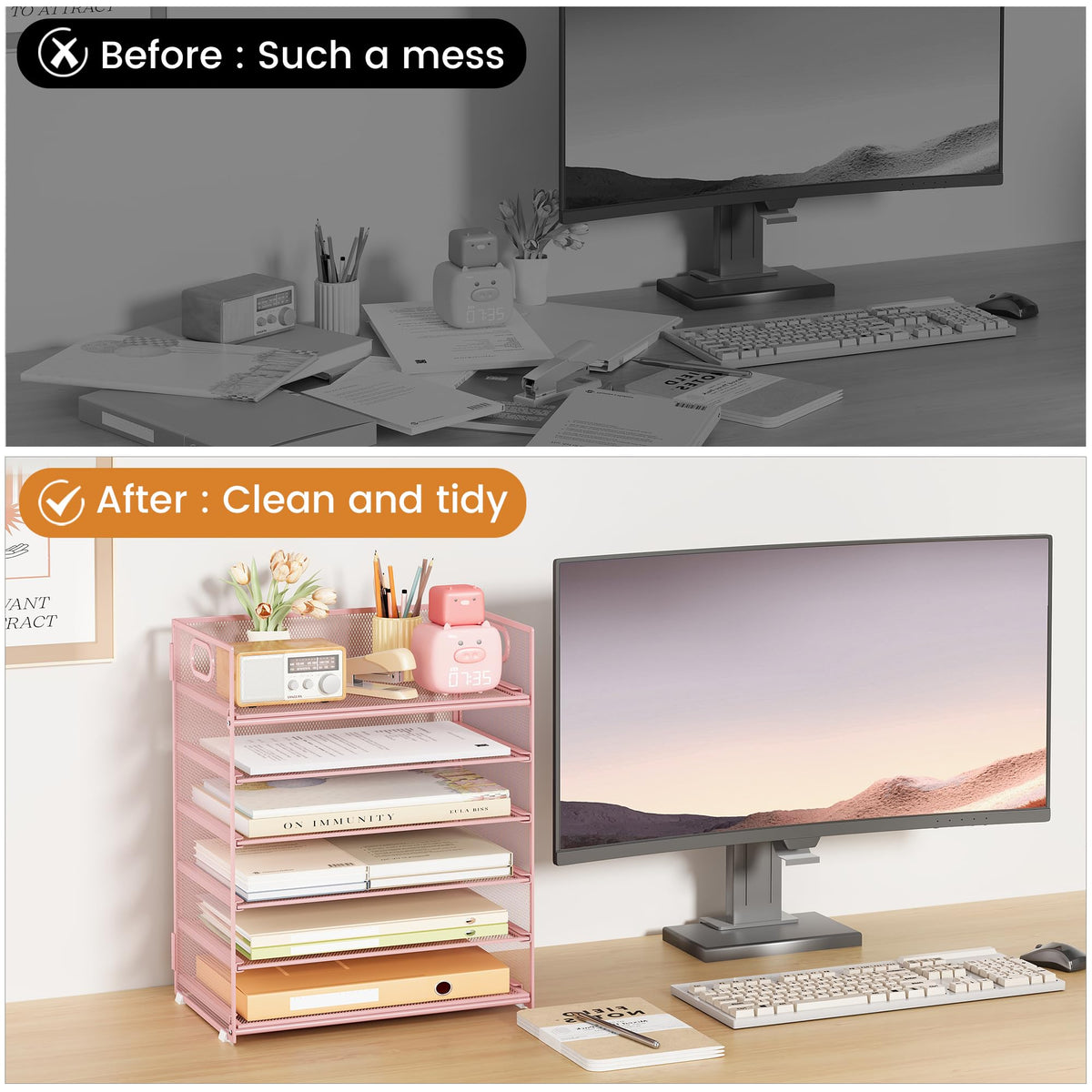 Subekyu 6 Tier Office File Paper Desk Tray Organizer with Handle, Stackable Slide Mesh Letter Tray