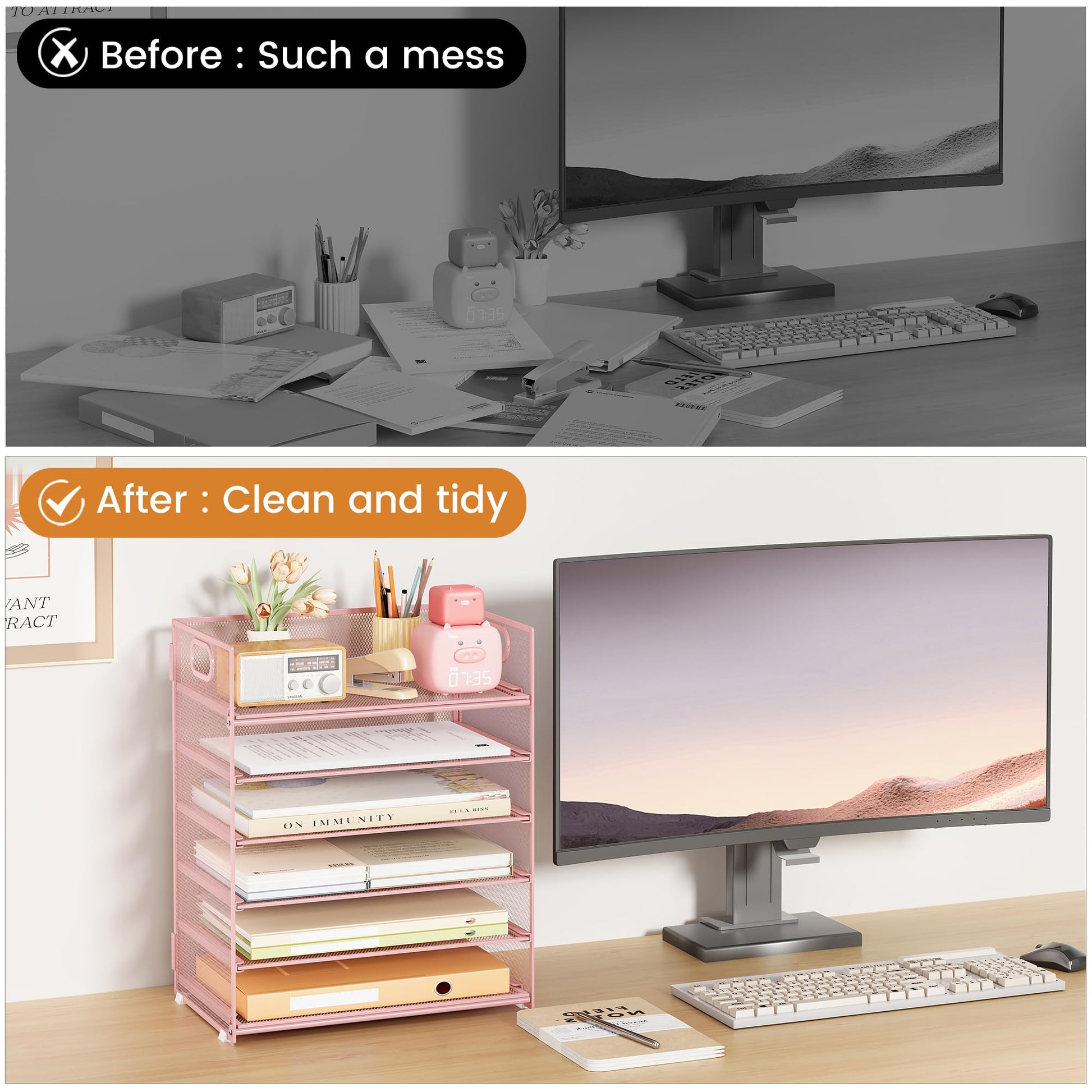 Subekyu 6-Tier Desk Paper Organizer, Desktop File Letter Tray with Handle, Document Sorter and