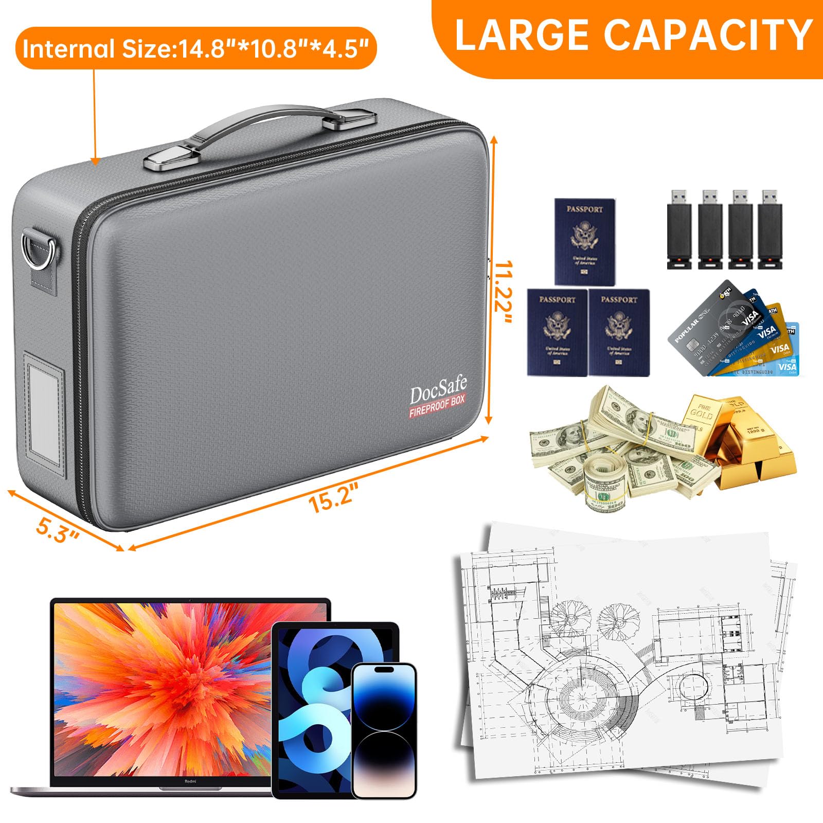 DocSafe Fireproof Document Box Hard Case with Lock ＆ Accordion File Folder