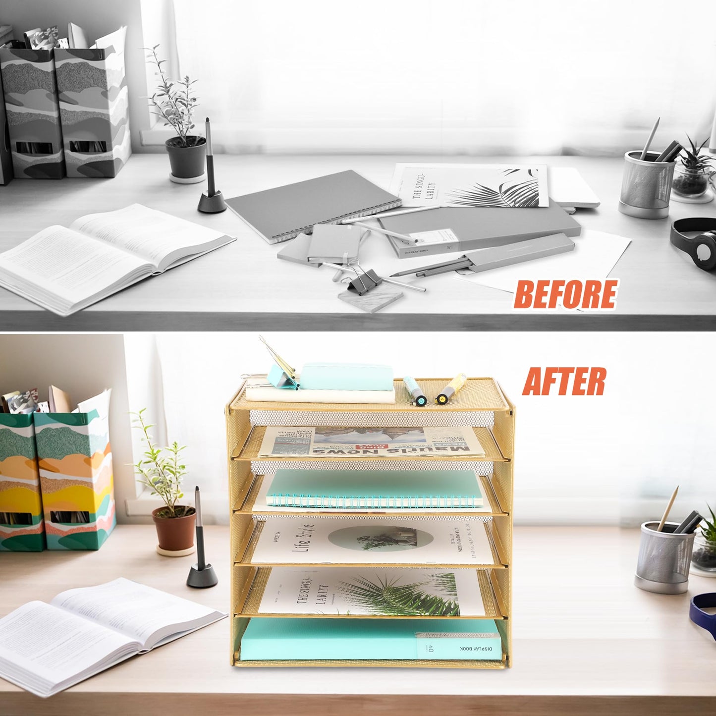 EASEPRES 5 Slot Mesh Desk Organizer Tray, File Paper Letter Folder Holder Desktop Paper Sorter Mail