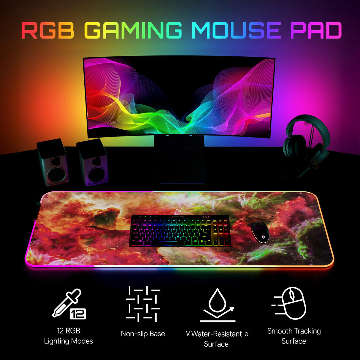Gerlos RGB Gaming Mouse Pad, Large LED Desk Mat for Gamer, 31.5" x 11.8"