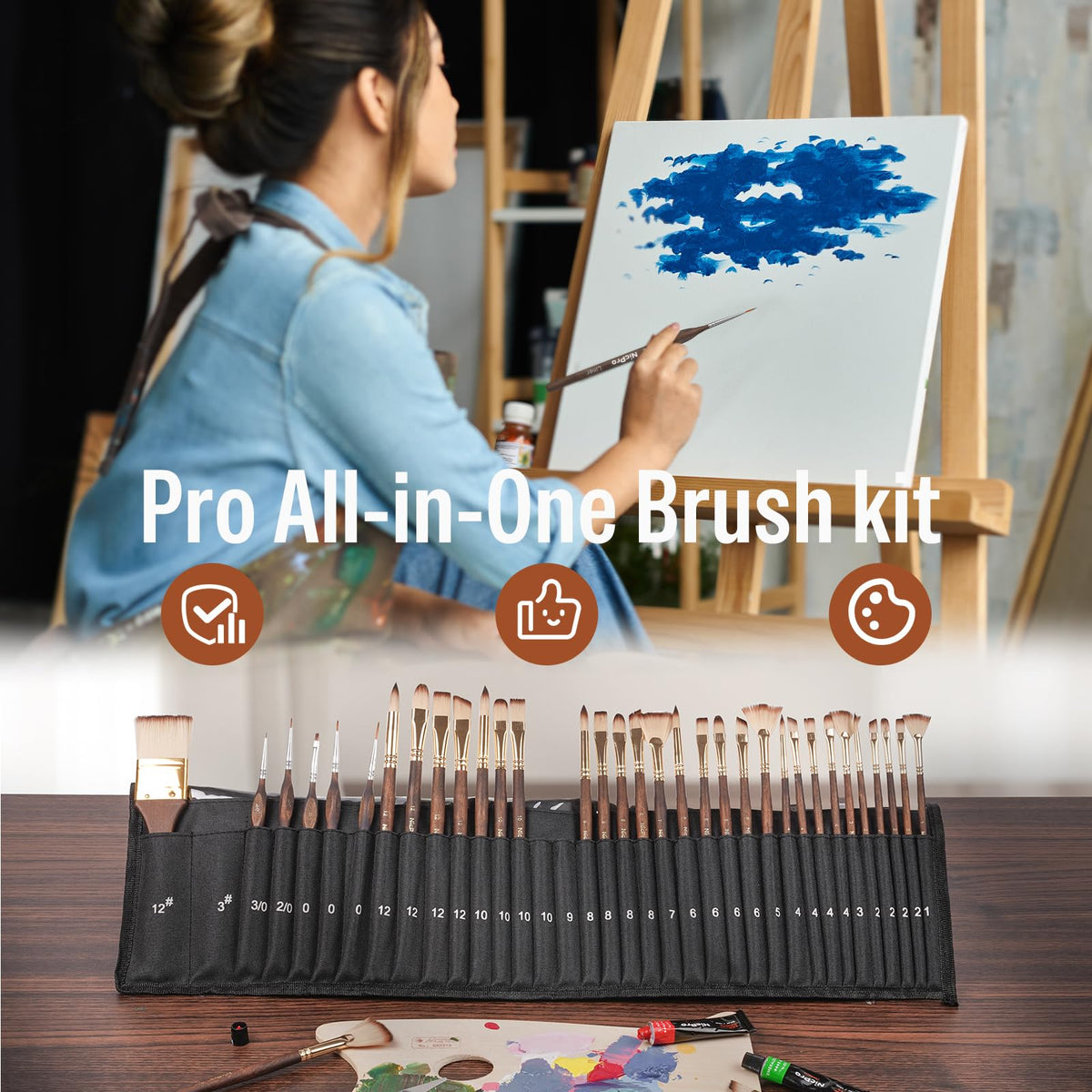 Nicpro 36pcs Paint Brush Set for Acrylic Painting,Oil, Watercolor (Golden)