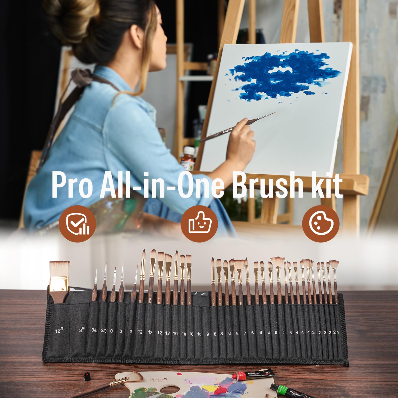 Nicpro 36pcs Paint Brush Set for Acrylic Painting,Oil, Watercolor (Golden)
