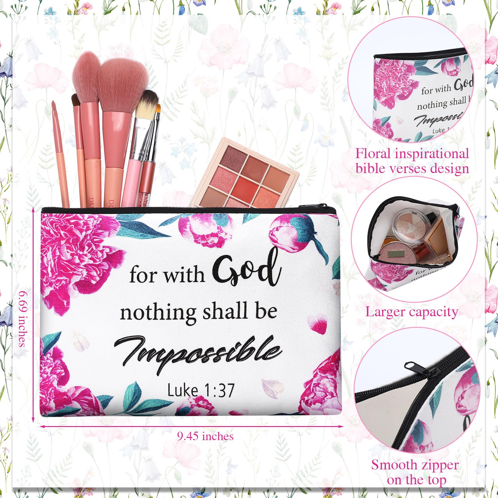 Qeeenar 12 Pack Christian Cosmetic Makeup Bags Religious Bible, Floral