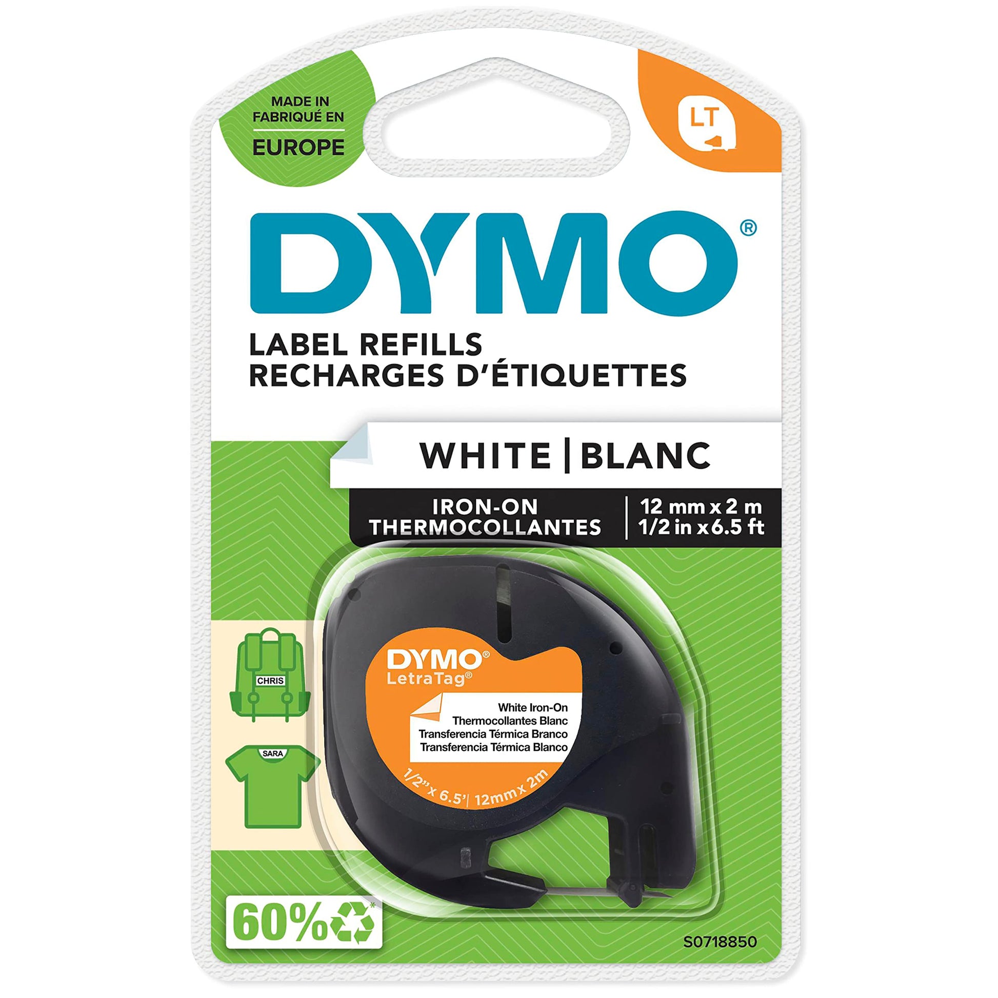 DYMO LetraTag Iron-On Fabric Labels | Authentic | 12 mm x 2 m Roll | Black Print on White | Iron-On