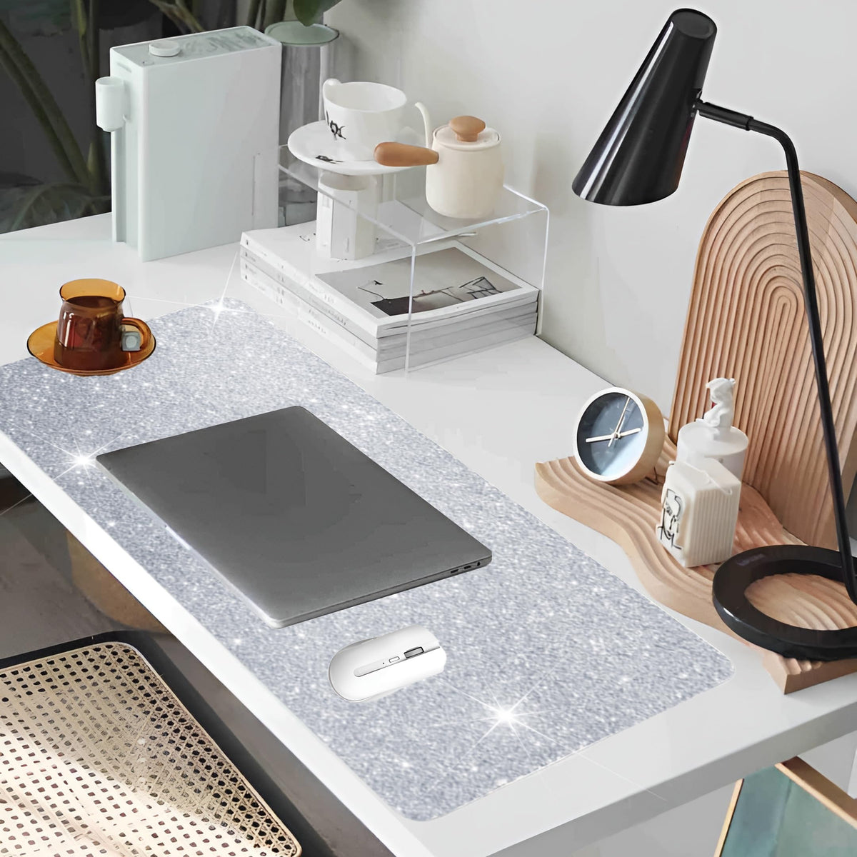 Silver Glitter Mouse Pad for Women - Diamond Bling Desk Accessory, Non-Slip Rubber Base, Large