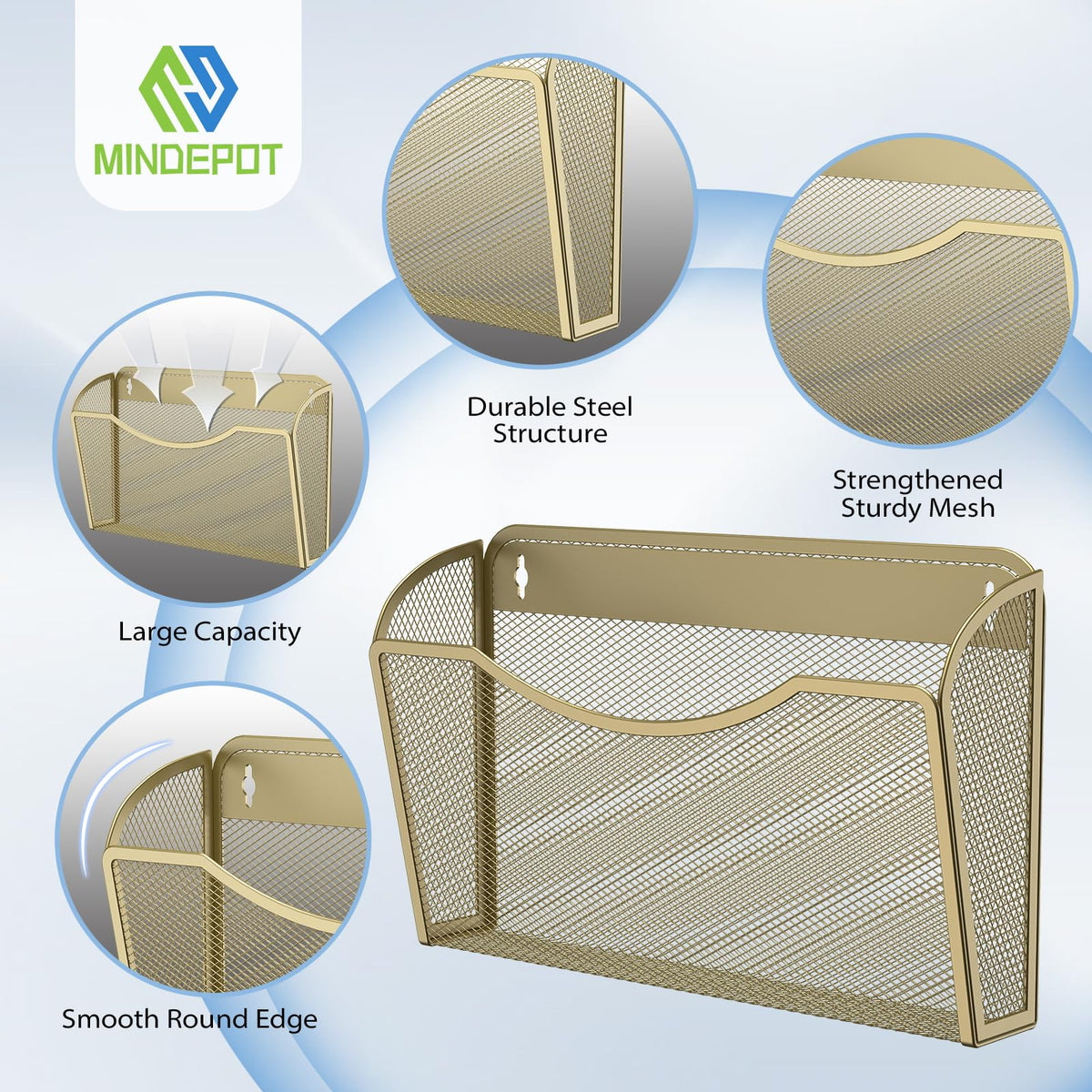 MINDEPOT Wall File Organizer, Hanging Wall File Holder, 3 Pack, Gold