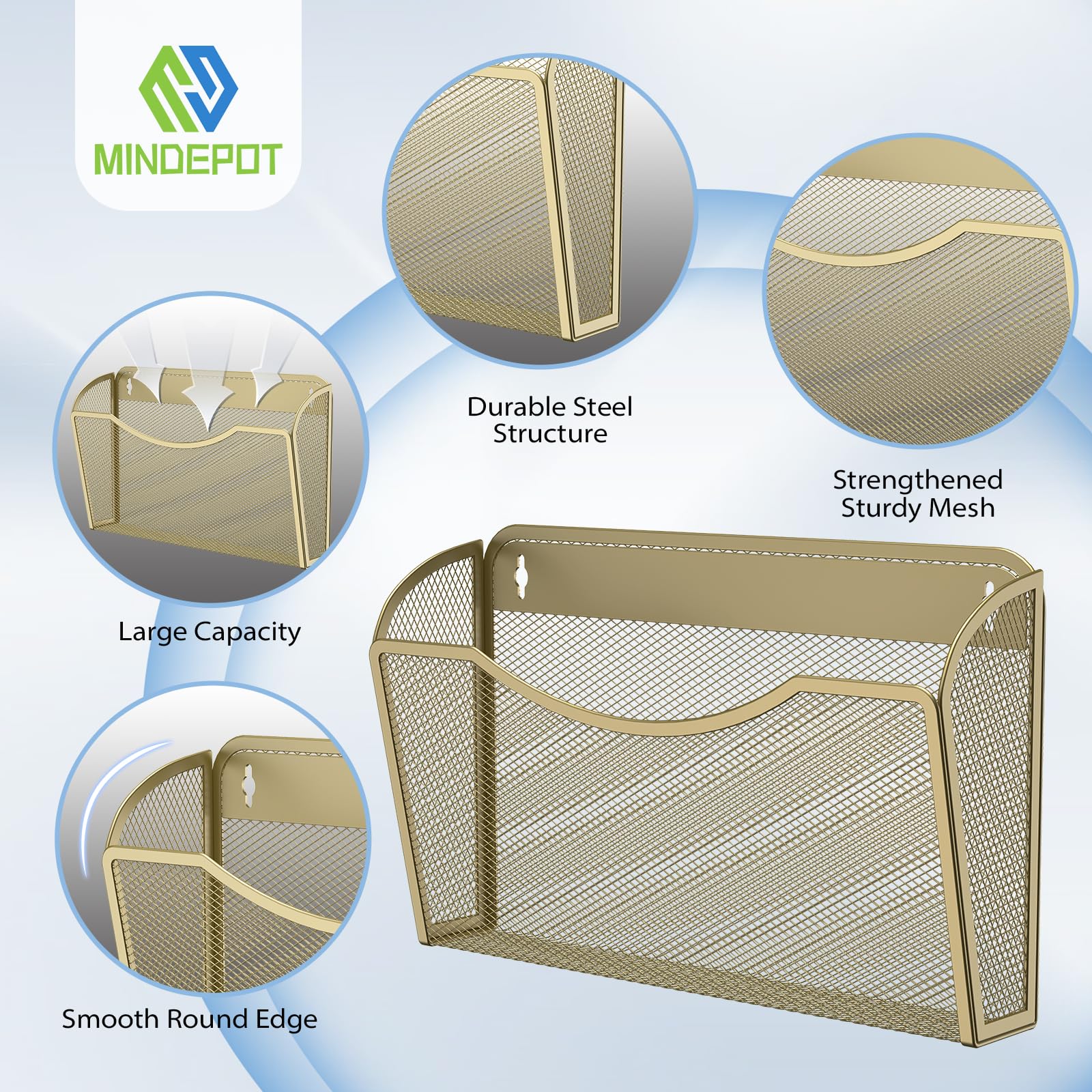 MINDEPOT Wall File Organizer, Hanging Wall File Holder, 3 Pack, Gold