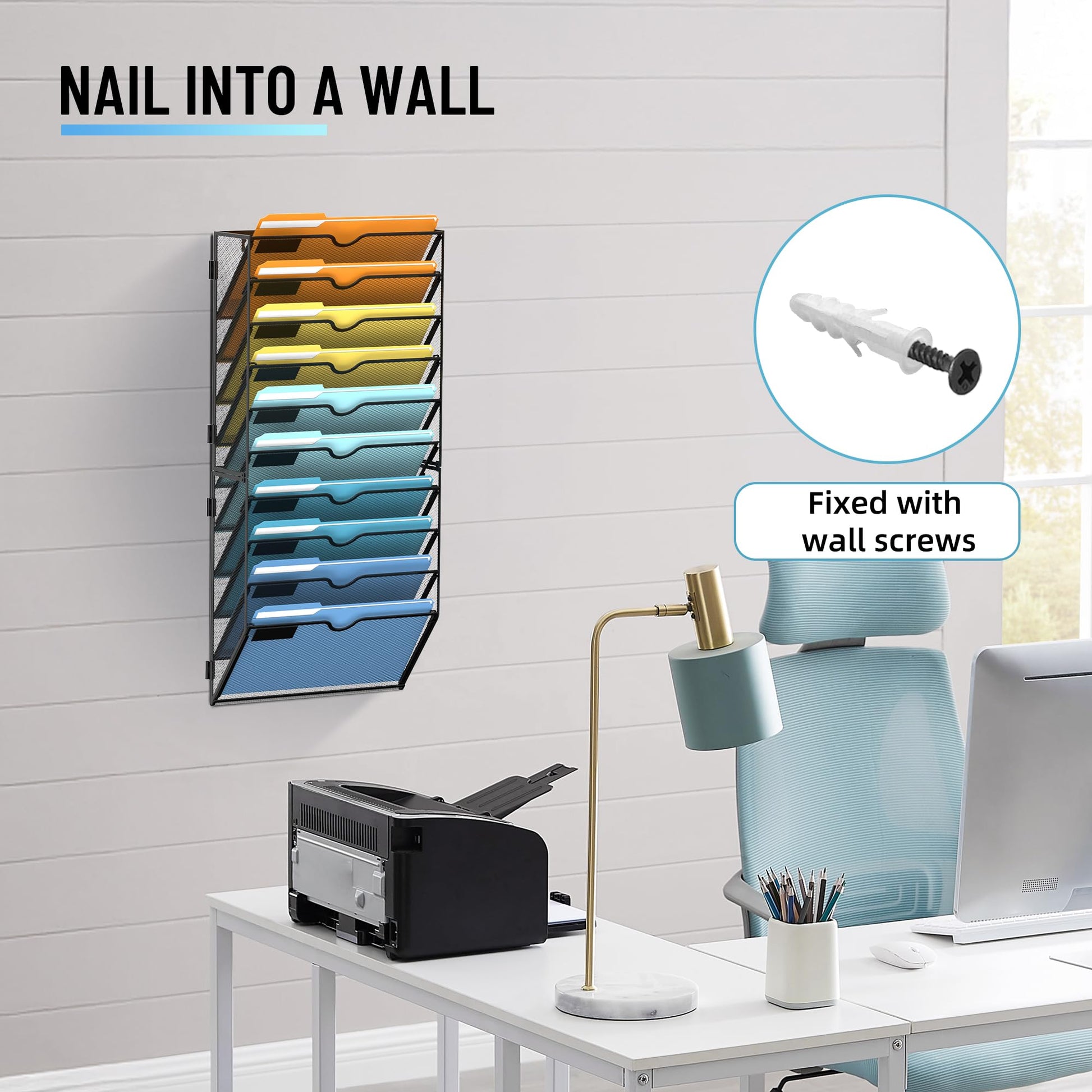 10-Tier Hanging Wall File Organizer with Hooks for Office Organization