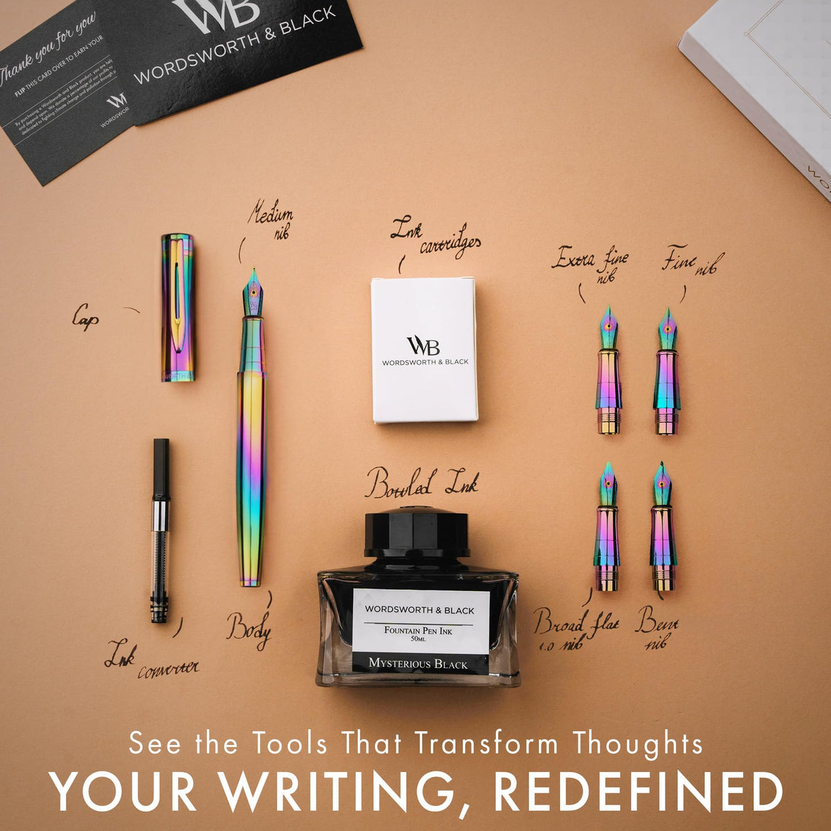 Wordsworth & Black LuxuryFountain Pen Set for Writing, 6 Nibs, Rainbow