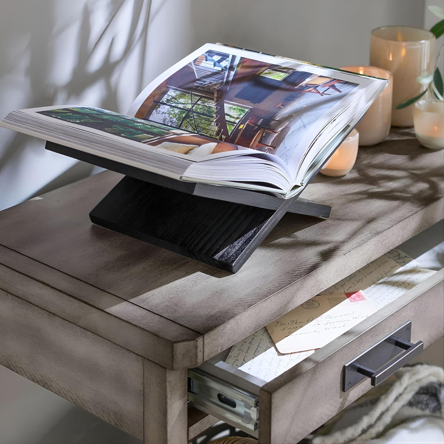 Honygebia Solid Oak Wood Book Stand, Cross Frame Open Display Holder