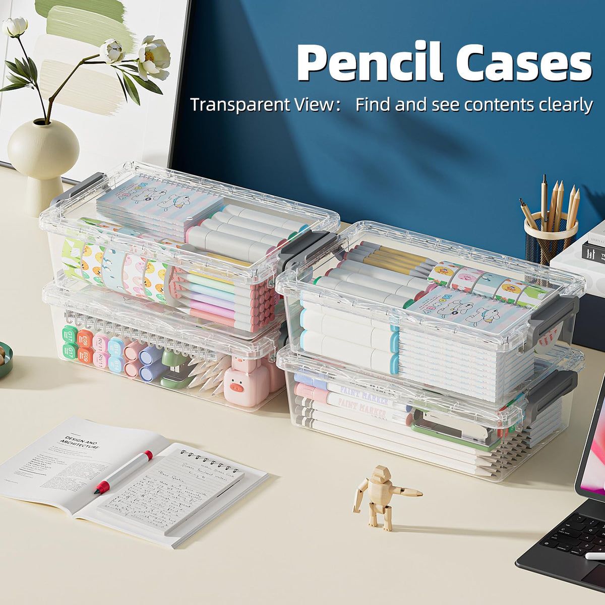 BiuLeon 4 Pack Extra Large Pencil Box, Plastic Pencil Case Organizer, Clear Crayon Box Marker