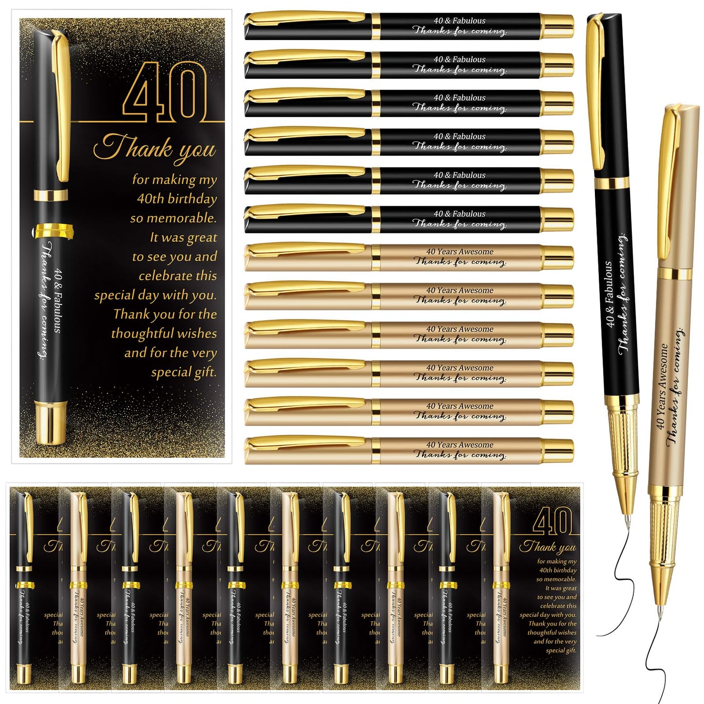 Feifeiya 30 Set 40th Birthday Favors with Black Gold Pens Cards