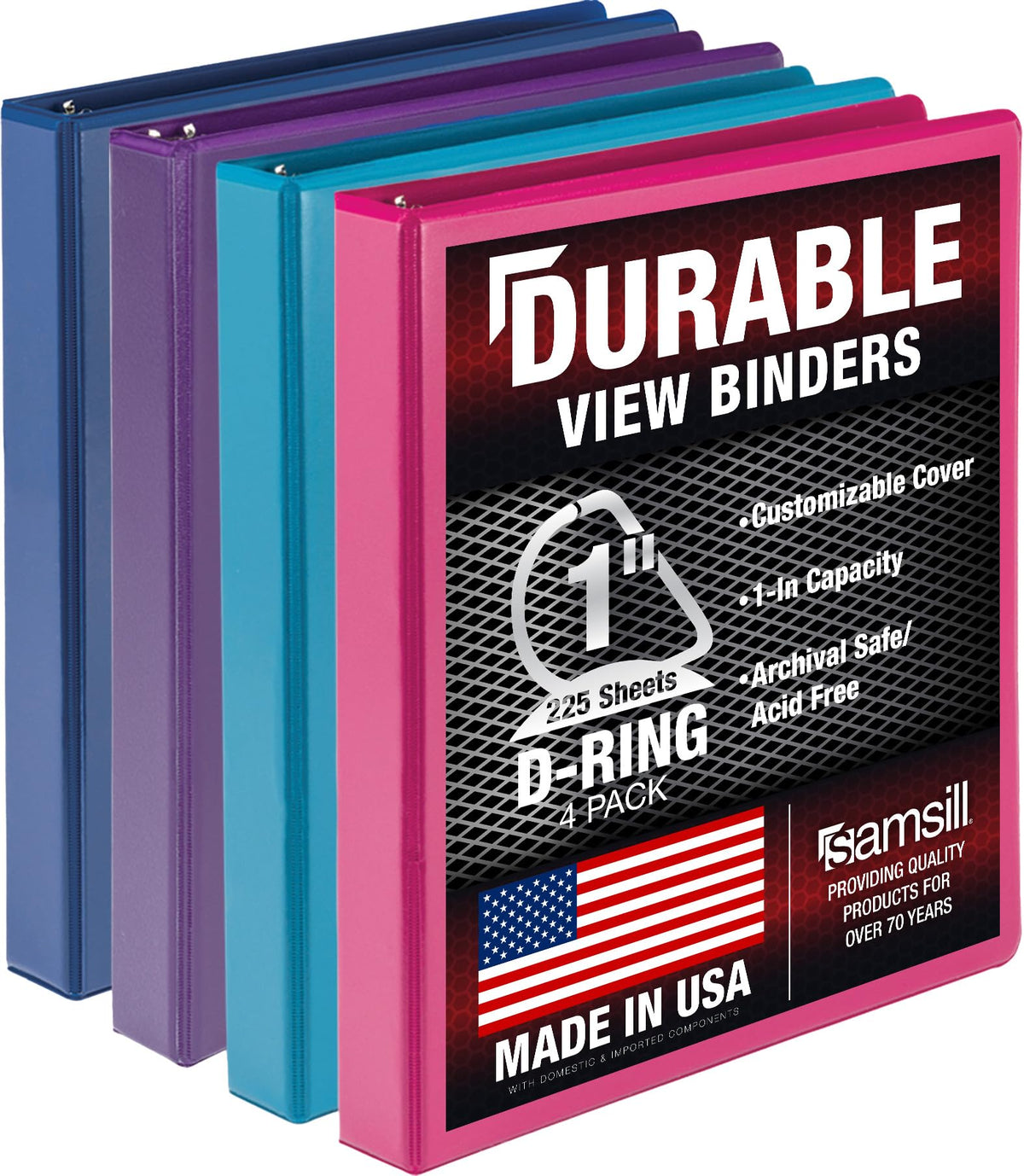 Samsill Durable 1 inch 3 Ring Binder, D Ring Binder, 100% Recycled Chipboard, Fashion Assortment, 4