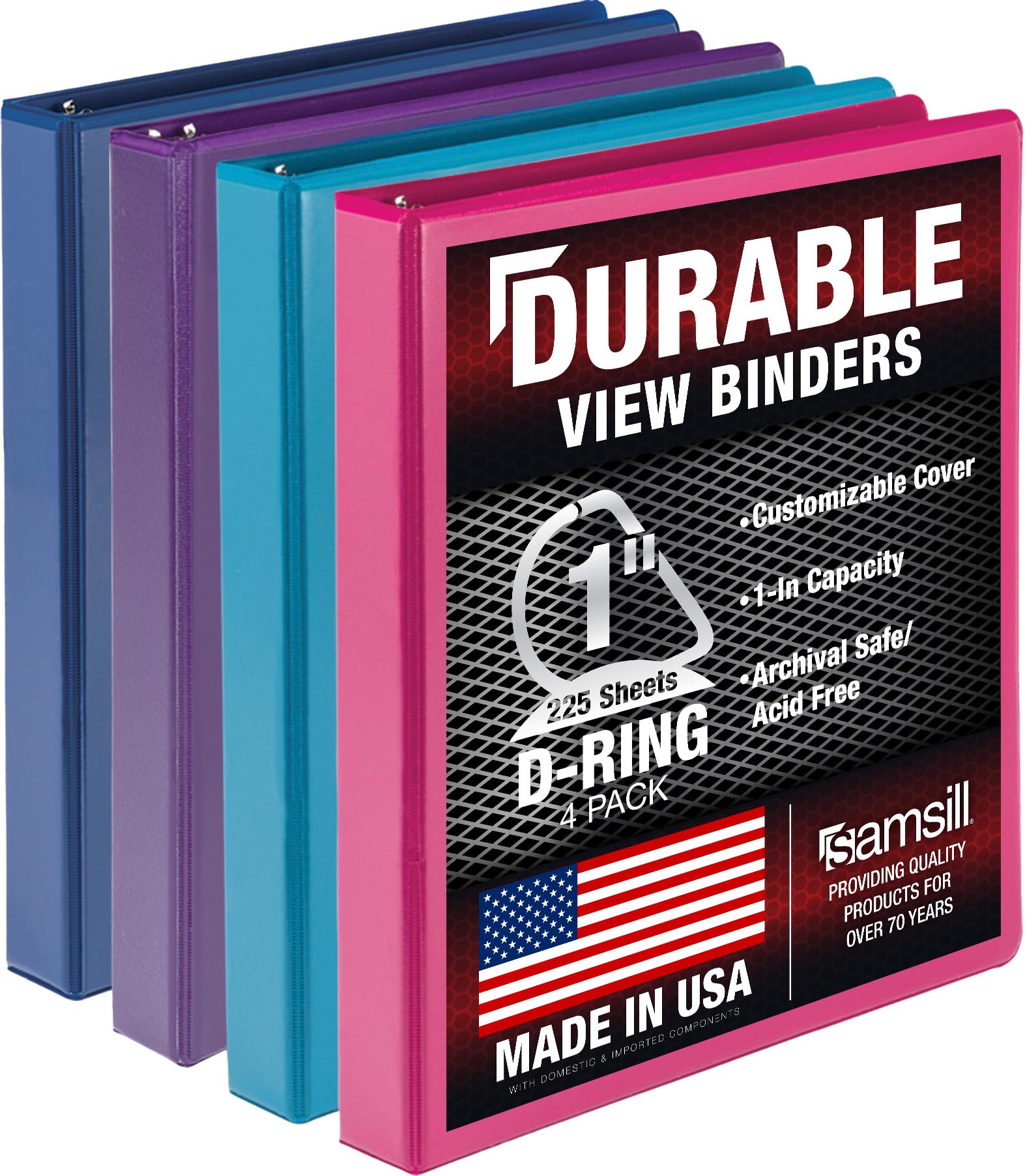 Samsill Durable 1 inch 3 Ring Binder, D Ring Binder, 100% Recycled Chipboard, Fashion Assortment, 4