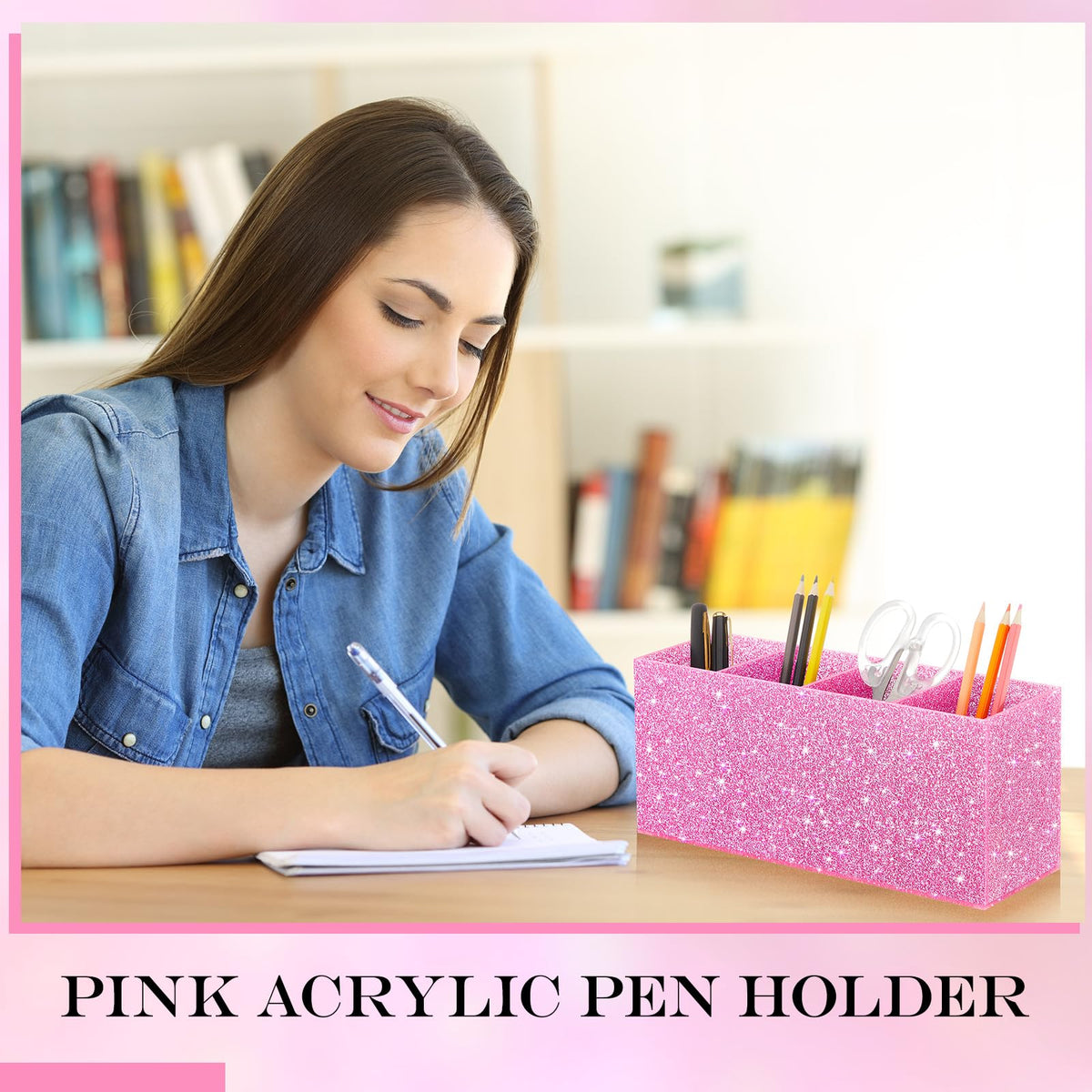 Jetec Acrylic Pen Holder for Girl Desktop, 4 Compartments, Sparkly Pink