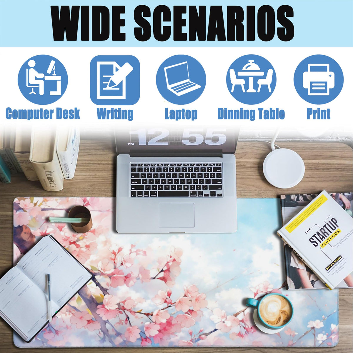 Large Gaming Mouse Pad for Desk,Cherry Blossom Tree Desk Mat for Desktop,Watercolor Floral Desk