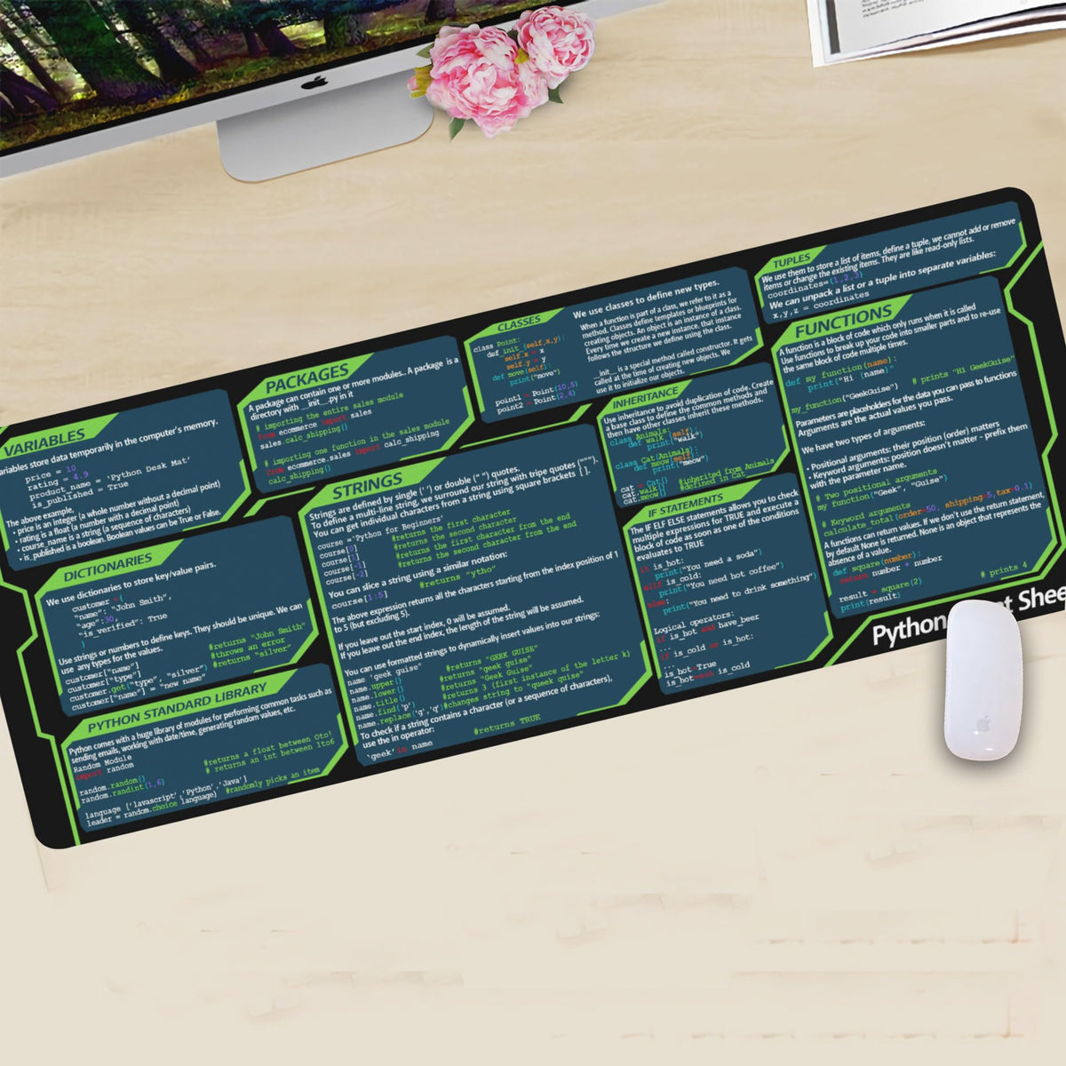Designfullprint Python Cheat Sheet Mousepad for Beginner, Python Reference Guide Desk Mat, Python
