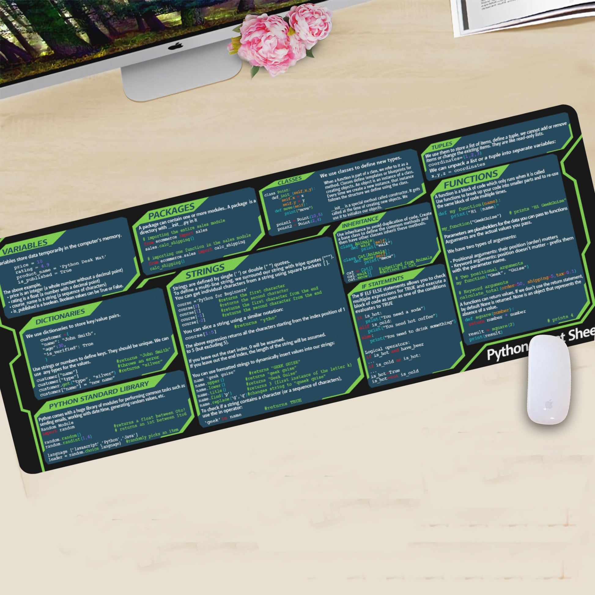 Designfullprint Python Cheat Sheet Mousepad for Beginner, Python Reference Guide Desk Mat, Python