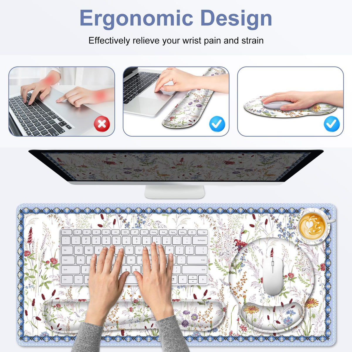 NXZGO Floral Desk Mat, 4in1 Large Mouse Pad with Wrist Rest, Cute Desk Mat, Anti-Slip XXL Computer