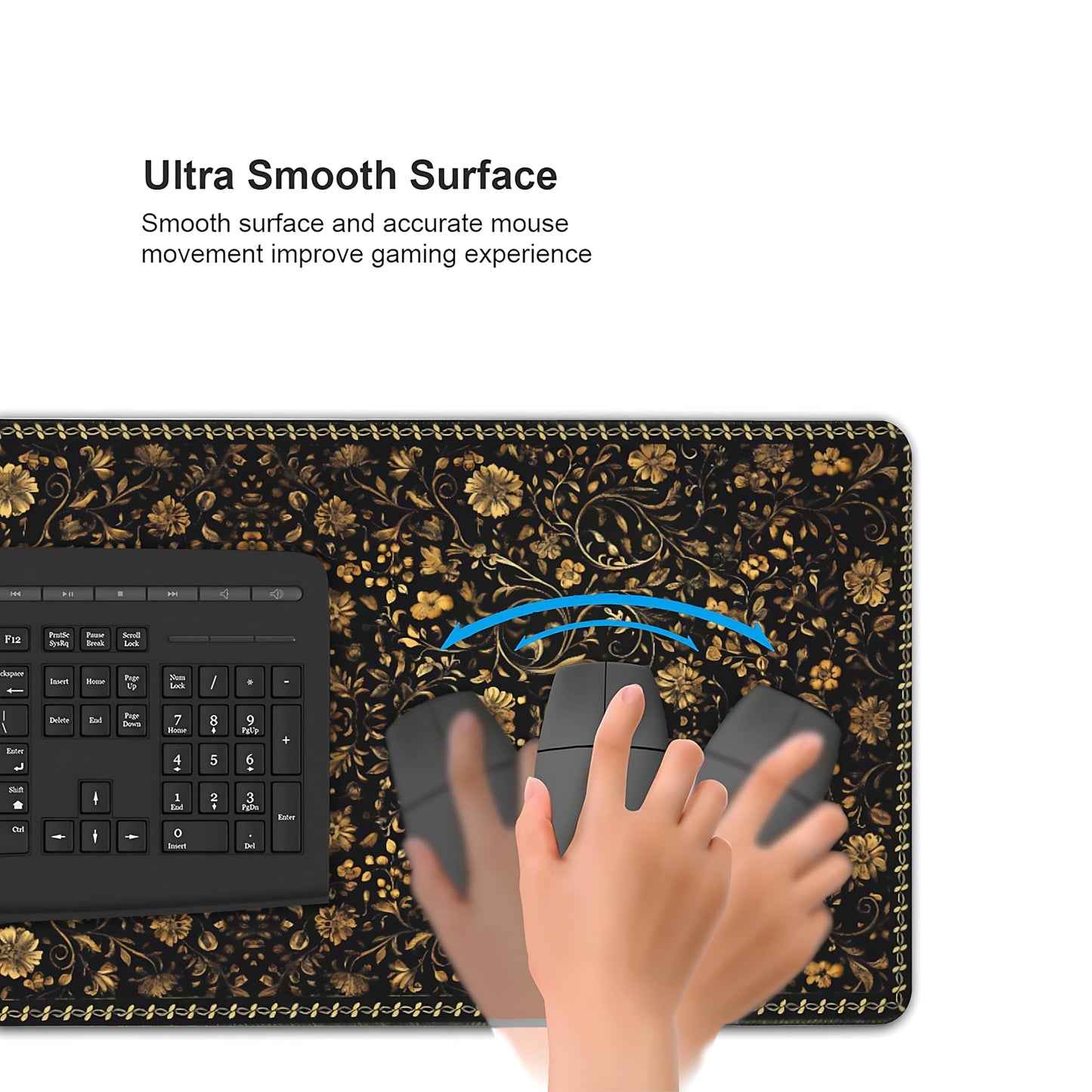 Floral Aesthetic Daisy Gaming Mouse Pad, Black Gold Baroque Desk Mat with Anti-Slip Base & Stitched