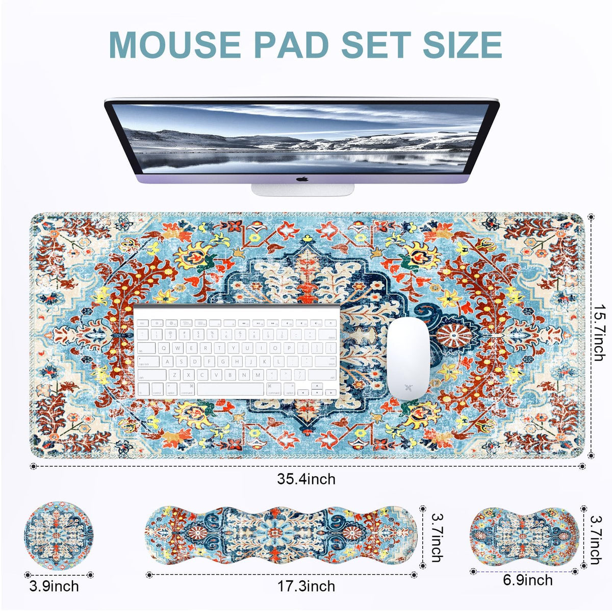iLeadon Boho Desk Mat Set,Large Mouse Pad and Keyboard Wrist Rest,Blue