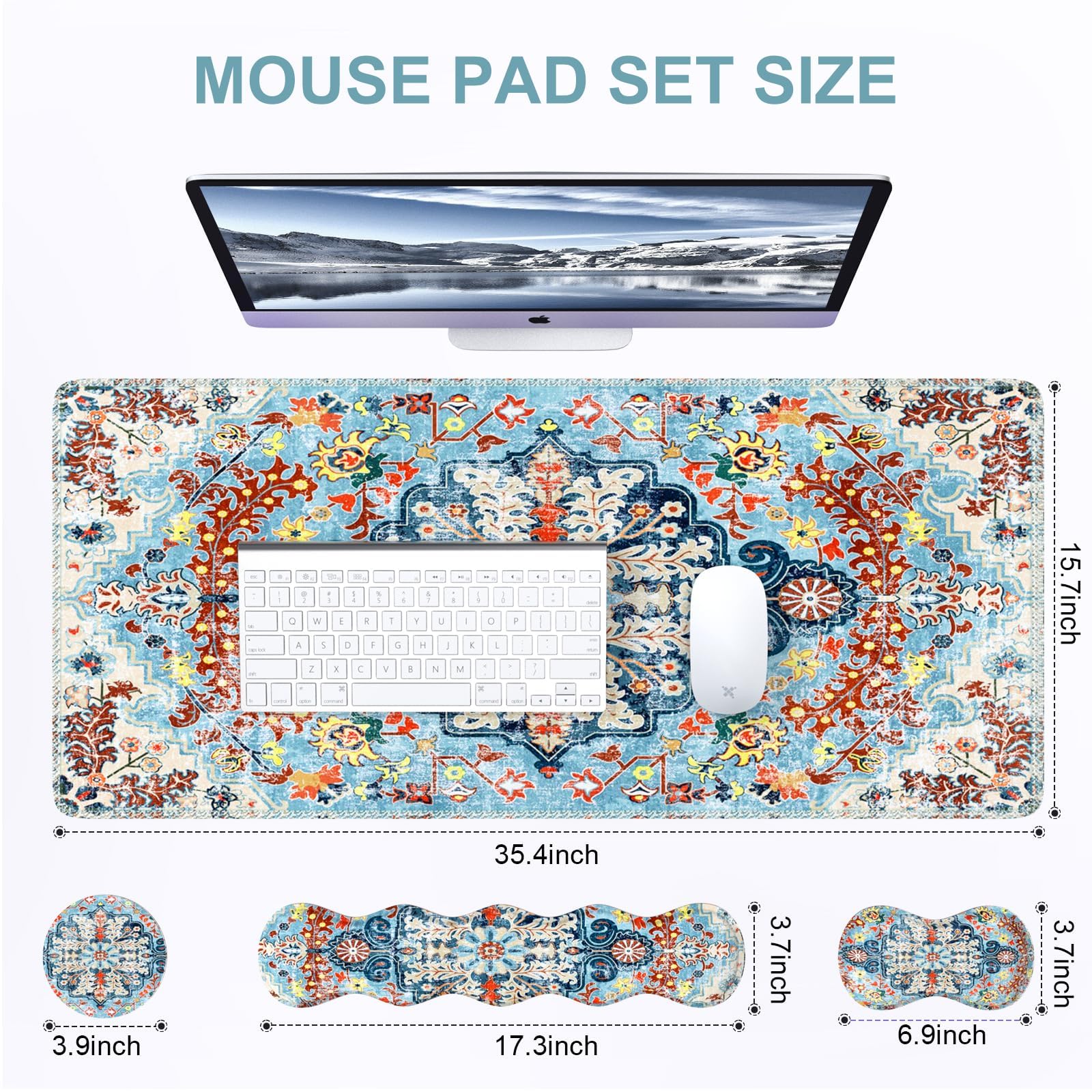 iLeadon Boho Desk Mat Set,Large Mouse Pad and Keyboard Wrist Rest,Blue