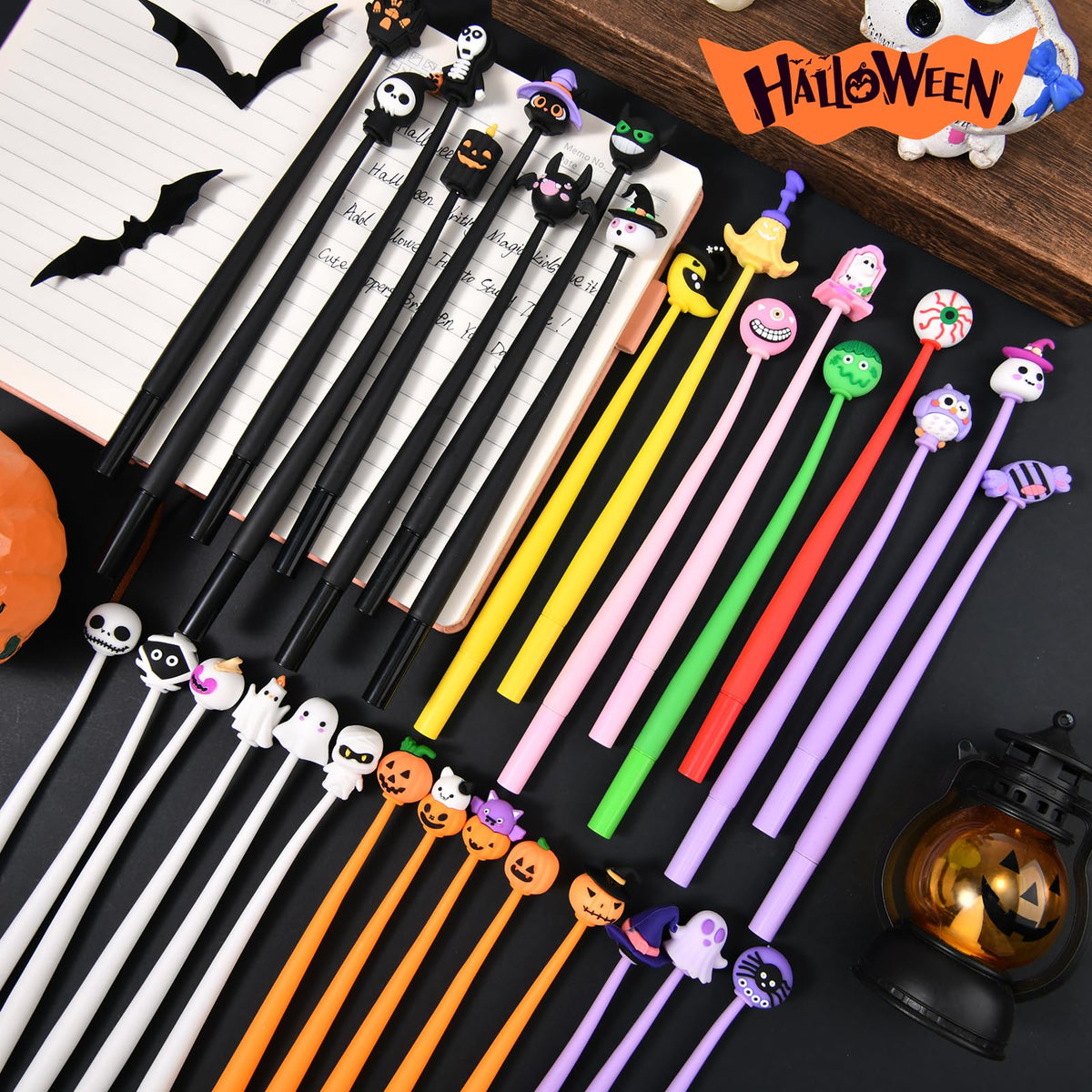 SANNIX 50PCS Halloween Cartoon Squishy Pens, Funny Pumpkin Ghost Skull Bat