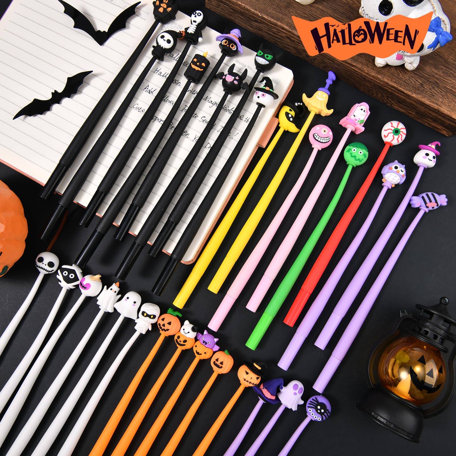 SANNIX 50PCS Halloween Cartoon Squishy Pens, Funny Pumpkin Ghost Skull Bat
