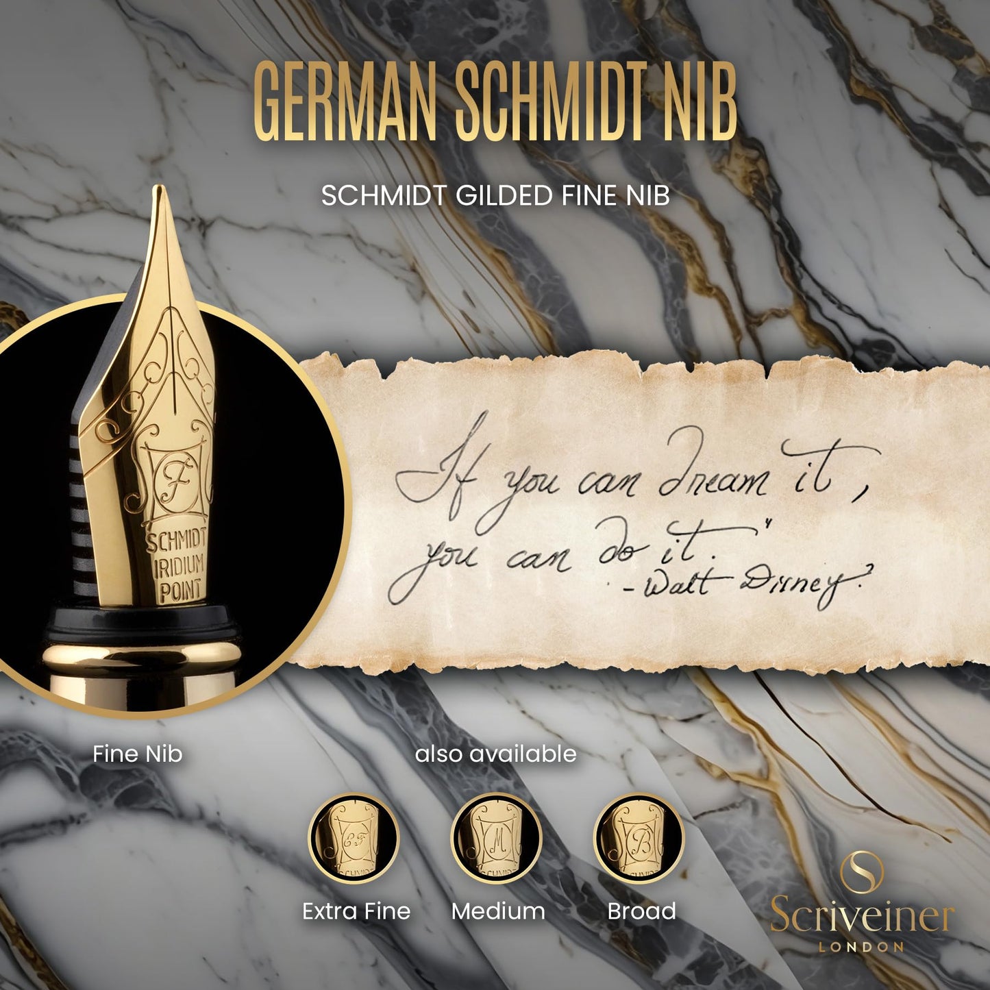 Scriveiner Silver Chrome Fountain Pen - Stunning Luxury Pen, Real Gold Finish, Schmidt Gilded Nib