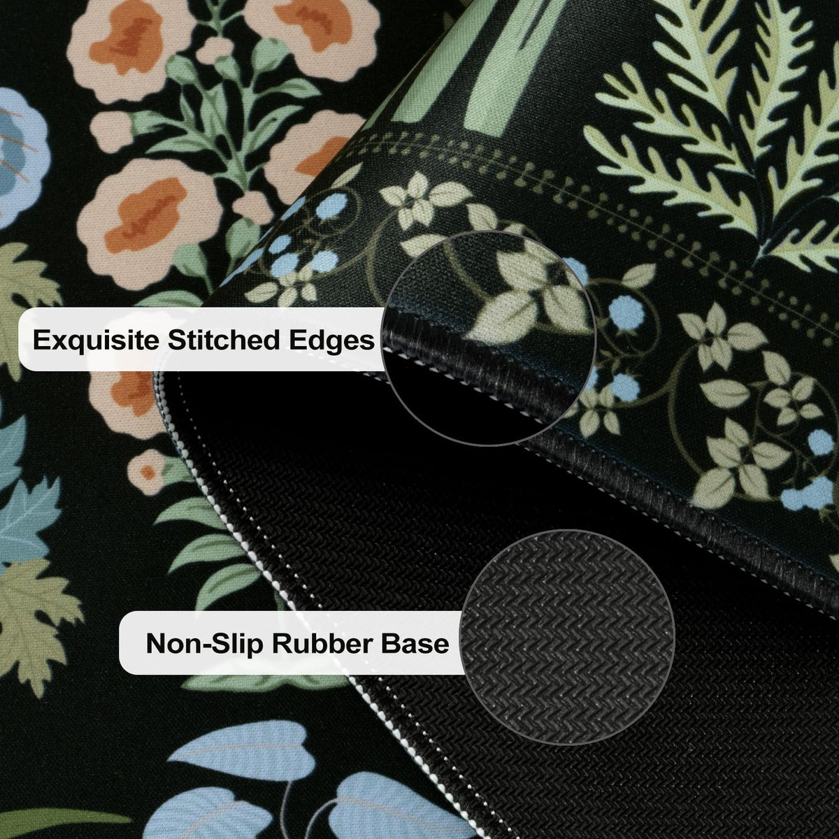 HAOCOO Vintage Floral Mouse Pad, Black Desk Pad for Home Workspace