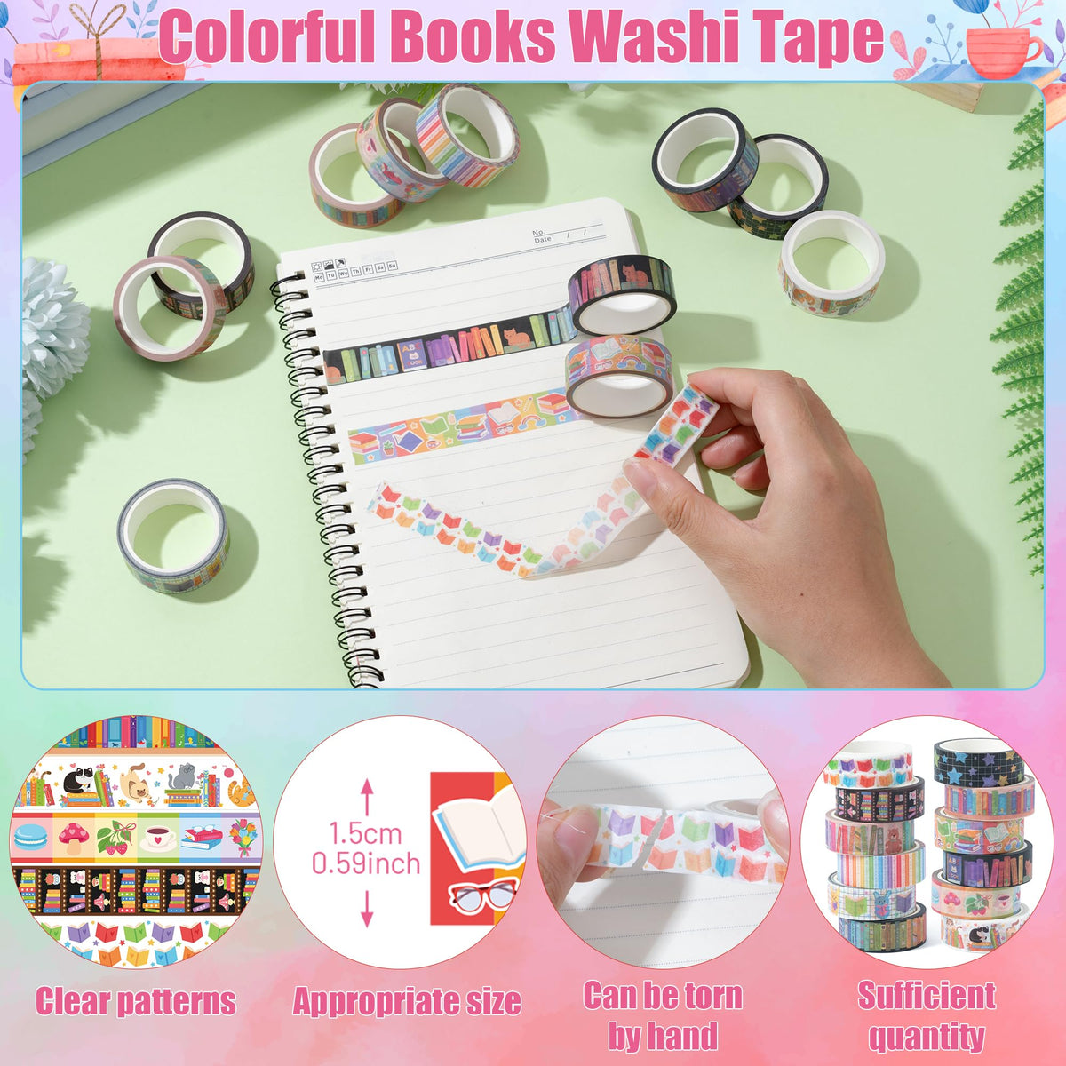 BkeeCten 12 Rolls Colorful Books Tearable Adhesive Clear Pattern Washi Tape