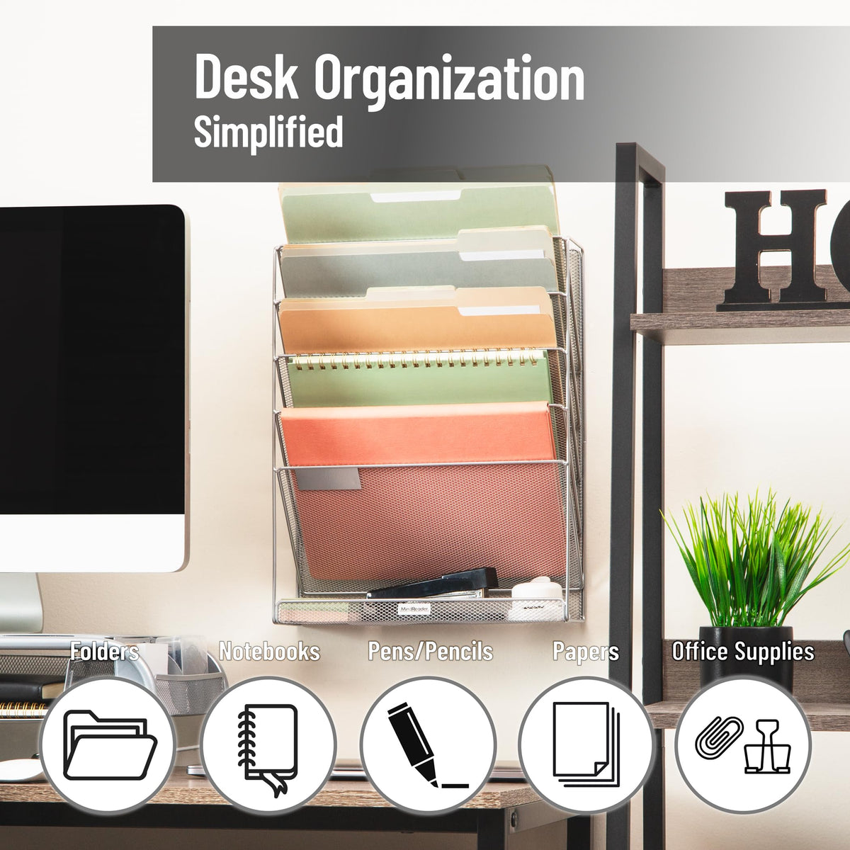 Mind Reader 5-Pocket Vertical File Storage, Desktop Organizer, Wall Mount, Office, Metal Mesh