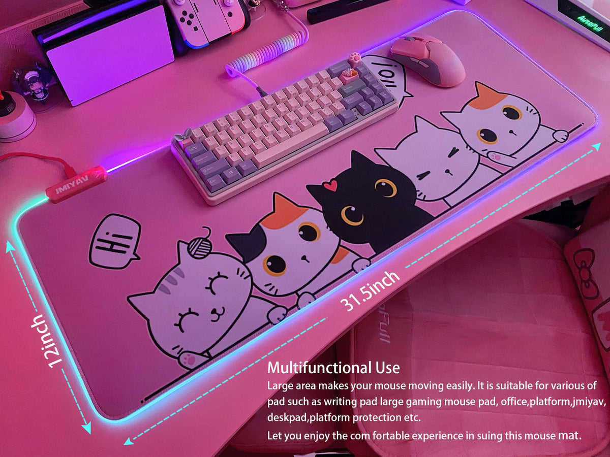 JMIYAV Pink Kawaii Cat RGB Gaming Mouse Pad 31.5x12 Inch PC XL Large Extended Glowing Led Light Up