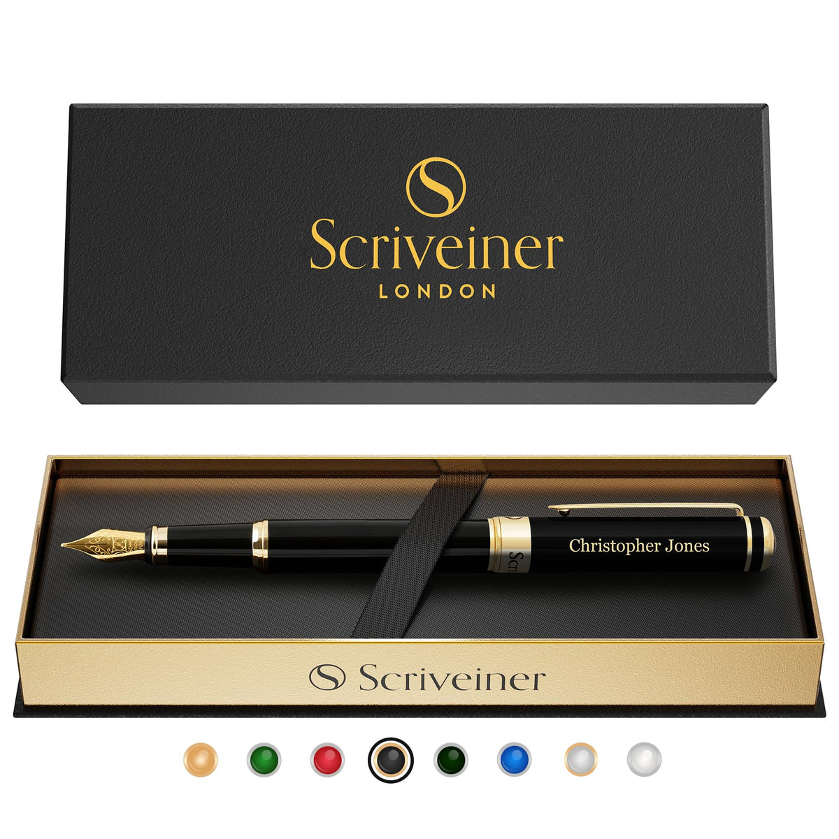 Scriveiner Personalized Black Fountain Pen - Stunning Luxury Pen, Jet Black Lacquer, Real Gold
